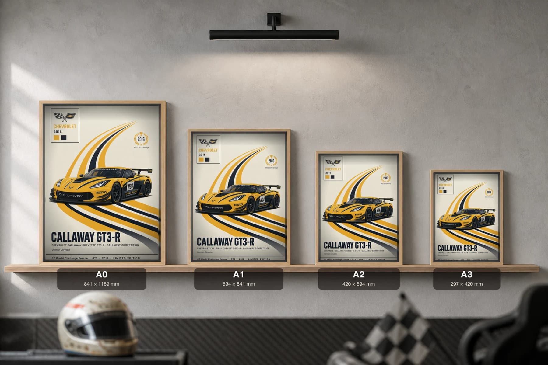 Callaway Competition GT3-R Poster — 2016 GT3 WEC racing wall art · #N24 · framed A2 — print size guide showing the artwork at A0, A1, A2 and A3 in natural-oak frames at true relative scale