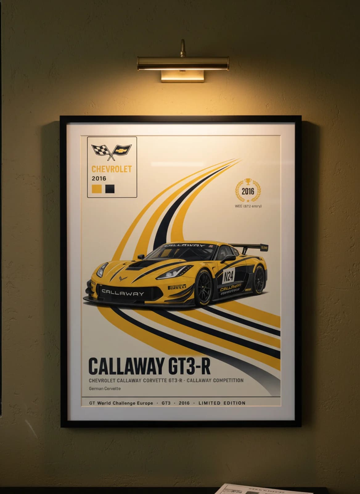 Callaway GT3-R WEC Masters endurance print in black A2 frame on racing-yellow olive wall — WEC Masters mockup