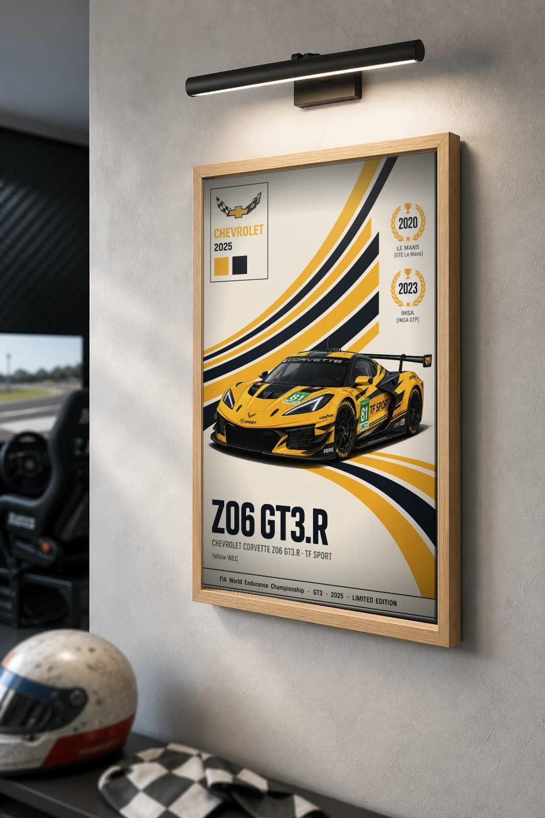 TF Sport Z06 GT3.R Poster — 2025 LMGT3 WEC racing wall art · #81 · framed A2 — the framed print shown at a three-quarter angle on a styled gallery wall in a natural-oak frame