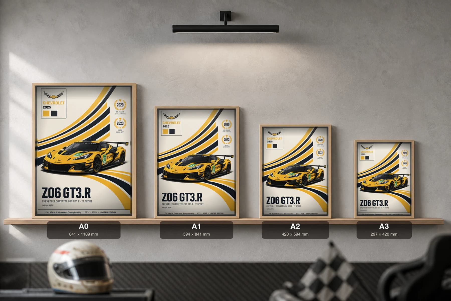 TF Sport Z06 GT3.R Poster — 2025 LMGT3 WEC racing wall art · #81 · framed A2 — print size guide showing the artwork at A0, A1, A2 and A3 in natural-oak frames at true relative scale
