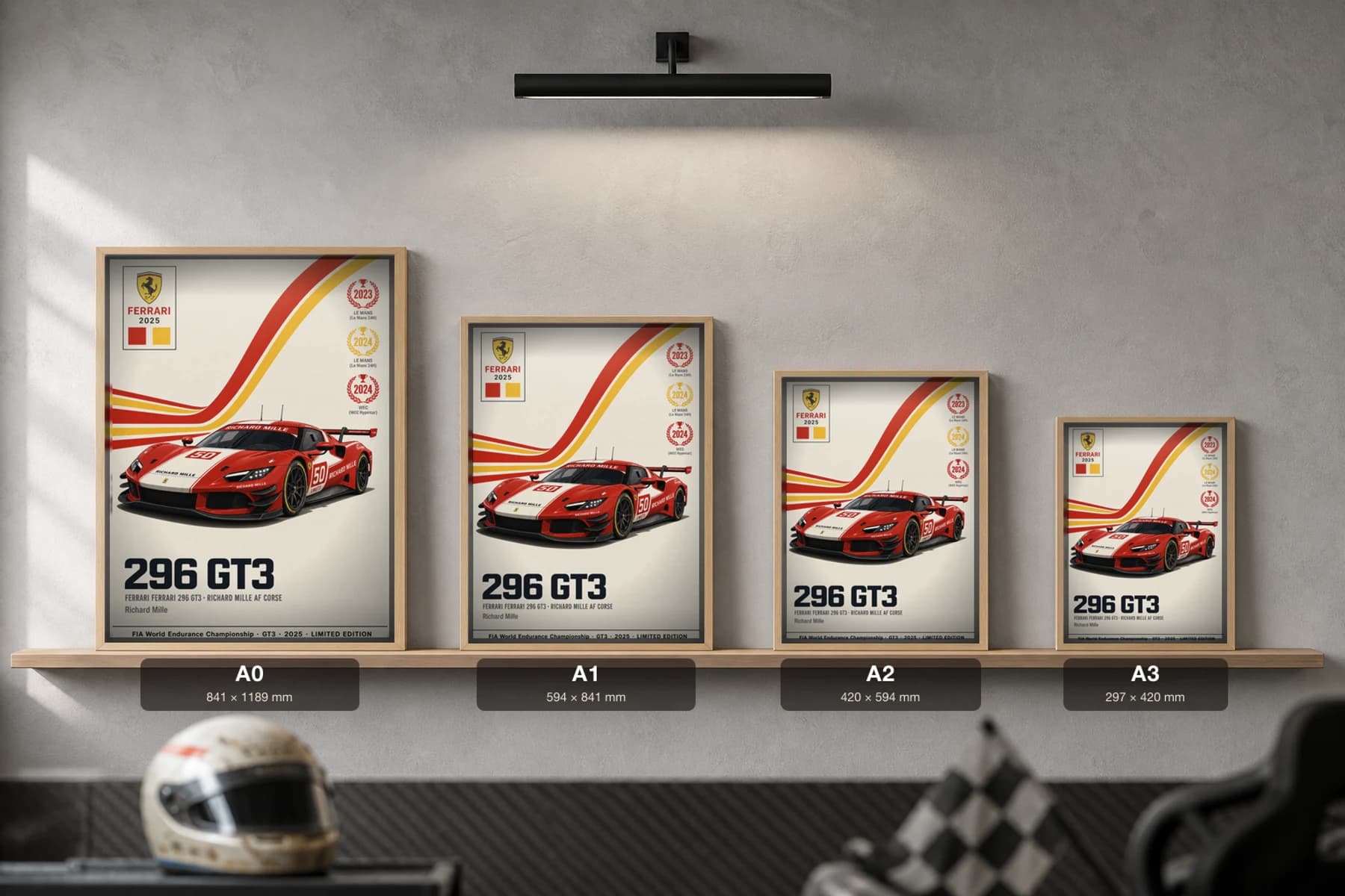 Richard Mille AF Corse 296 GT3 Poster — 2025 LMGT3 WEC racing wall art · #50 · framed A2 — print size guide showing the artwork at A0, A1, A2 and A3 in natural-oak frames at true relative scale