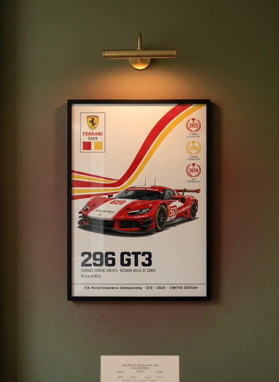 296 GT3 — Richard Mille AF Corse #50 WEC Masters endurance print in black A2 frame on rosso-corsa olive wall — WEC Masters mockup