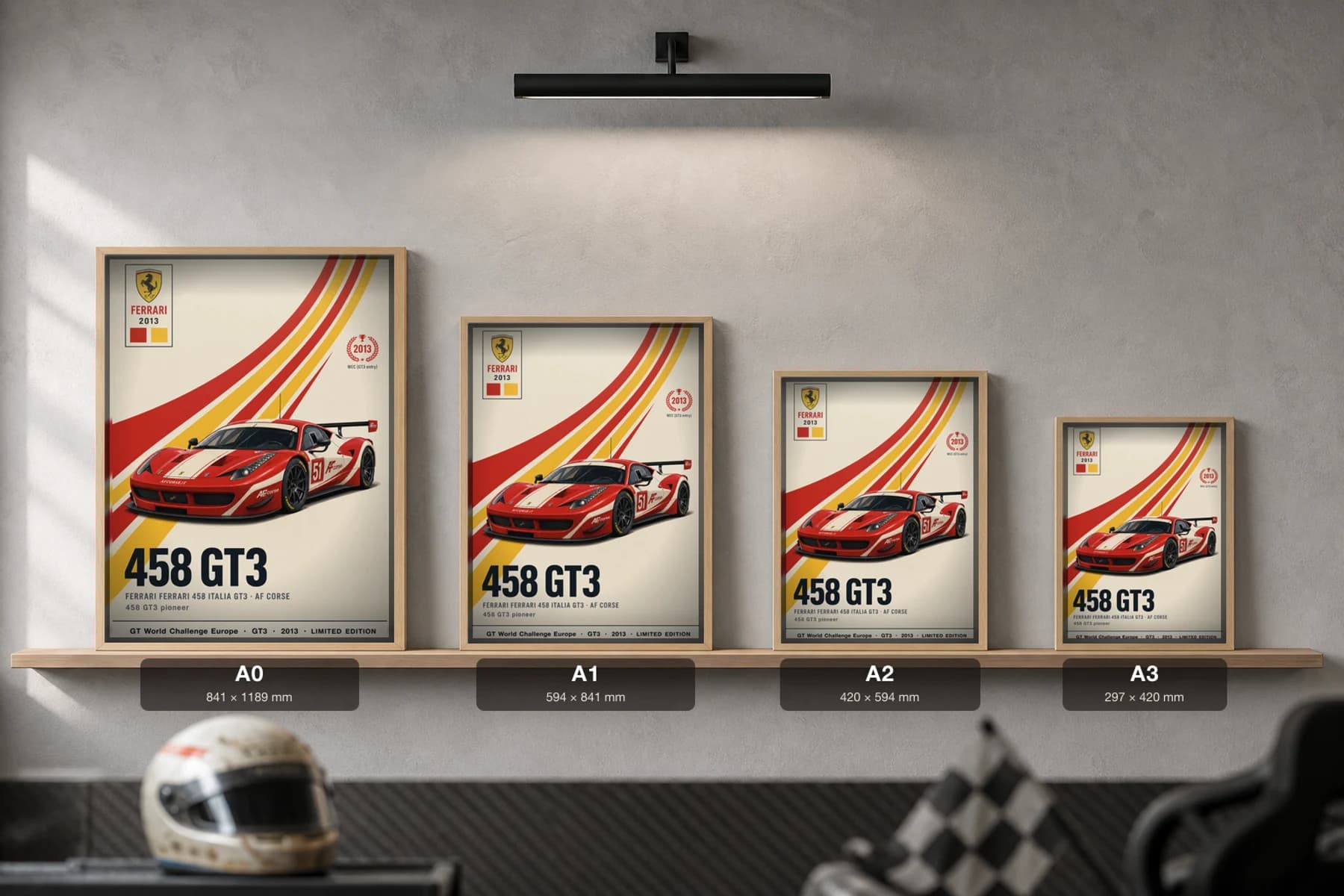 AF Corse 458 GT3 Poster — 2013 GT3 WEC racing wall art · #51 · framed A2 — print size guide showing the artwork at A0, A1, A2 and A3 in natural-oak frames at true relative scale