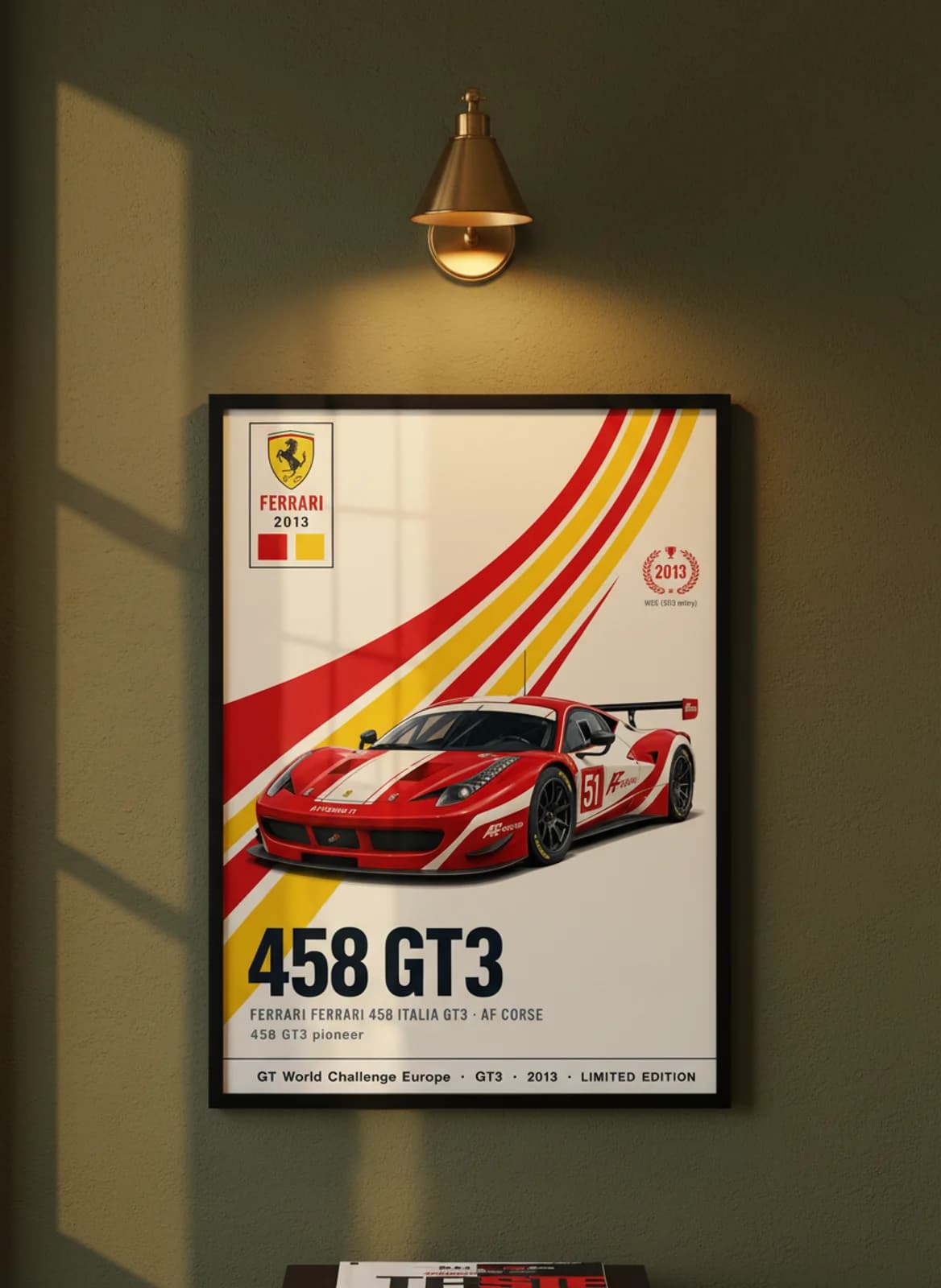 458 GT3 WEC Masters endurance print in black A2 frame on rosso-corsa olive wall — WEC Masters mockup