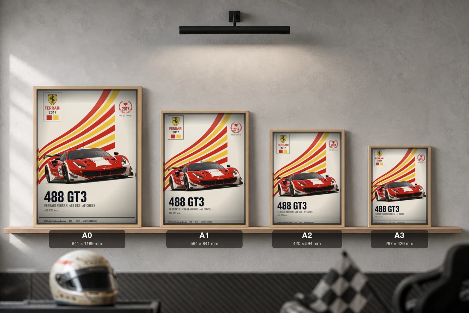 AF Corse 488 GT3 Poster — 2017 GT3 WEC racing wall art · #51 · framed A2 — print size guide showing the artwork at A0, A1, A2 and A3 in natural-oak frames at true relative scale
