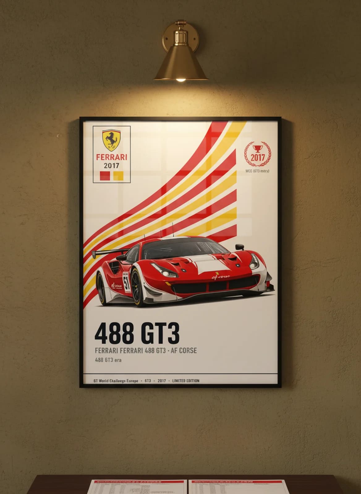 488 GT3 WEC Masters endurance print in black A2 frame on rosso-corsa olive wall — WEC Masters mockup