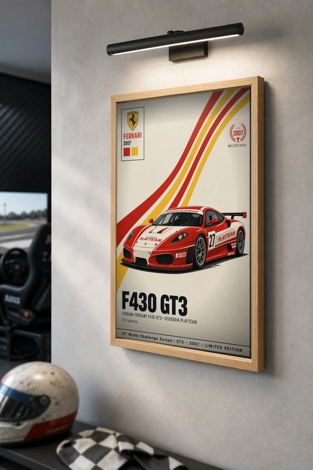 Scuderia Playteam F430 GT3 Poster — 2007 GT3 WEC racing wall art · #27 · framed A2 — the framed print shown at a three-quarter angle on a styled gallery wall in a natural-oak frame