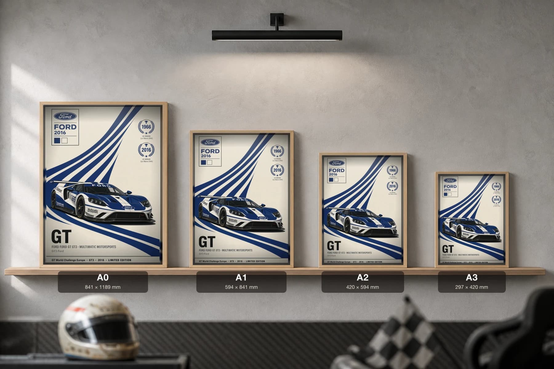 Multimatic Motorsports Ford GT GT3 Poster — 2016 GT3 WEC racing wall art · #— · framed A2 — print size guide showing the artwork at A0, A1, A2 and A3 in natural-oak frames at true relative scale