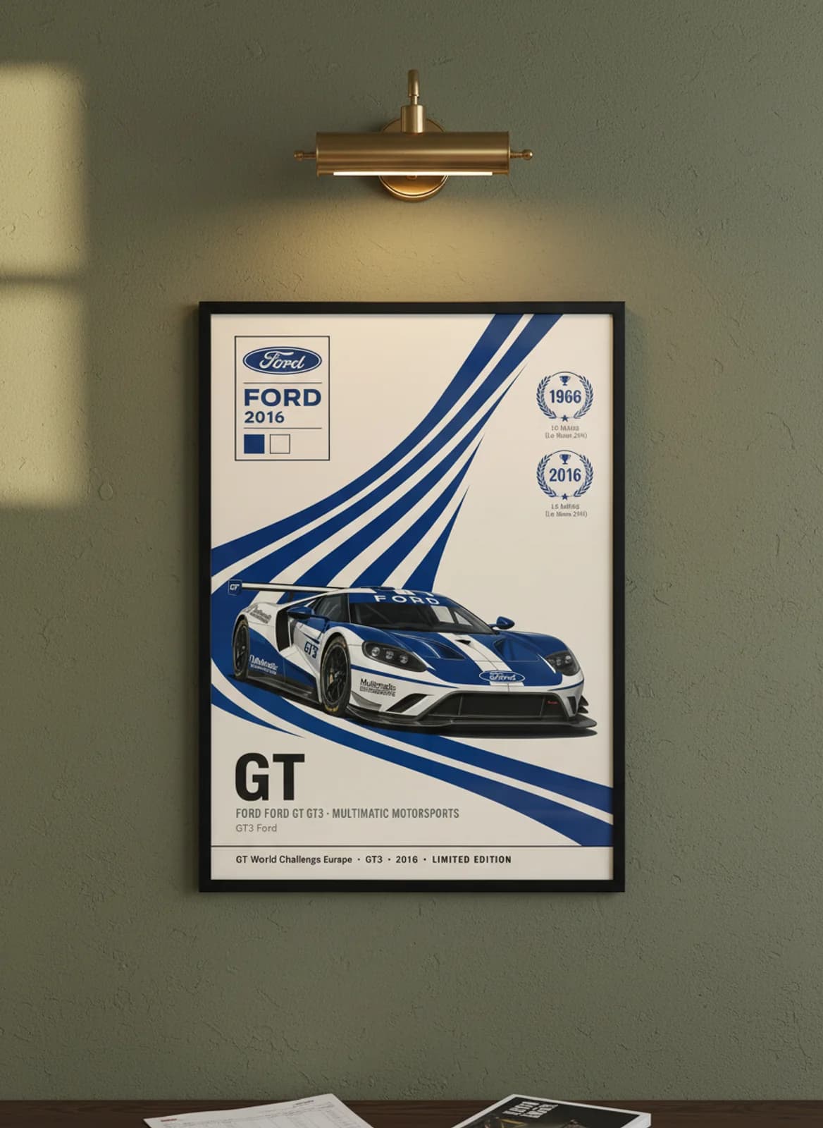 Ford GT GT3 WEC Masters endurance print in black A2 frame on ford-performance-blue olive wall — WEC Masters mockup