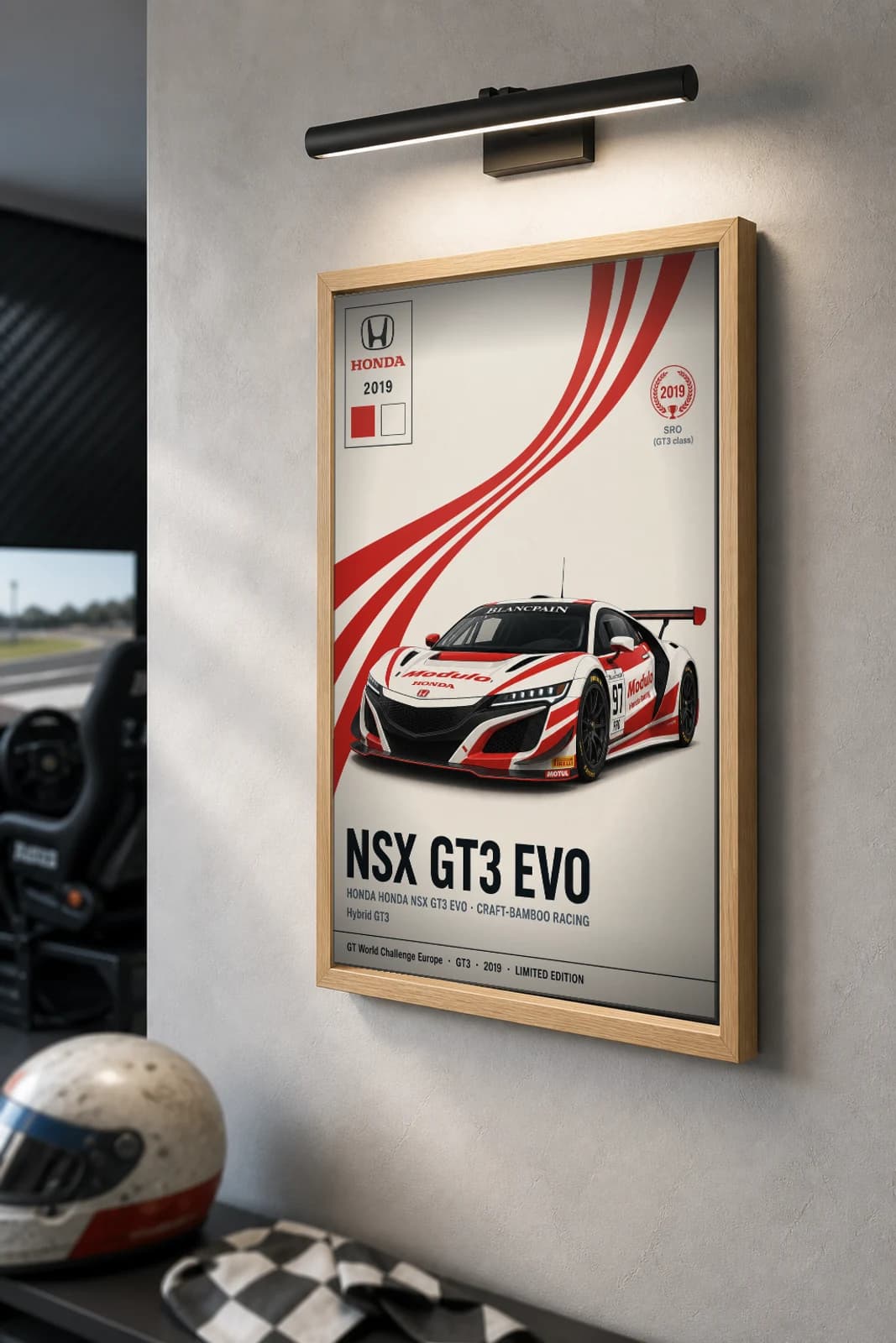 Craft-Bamboo Racing NSX GT3 Evo Poster — 2019 GT3 WEC racing wall art · #97 · framed A2 — the framed print shown at a three-quarter angle on a styled gallery wall in a natural-oak frame