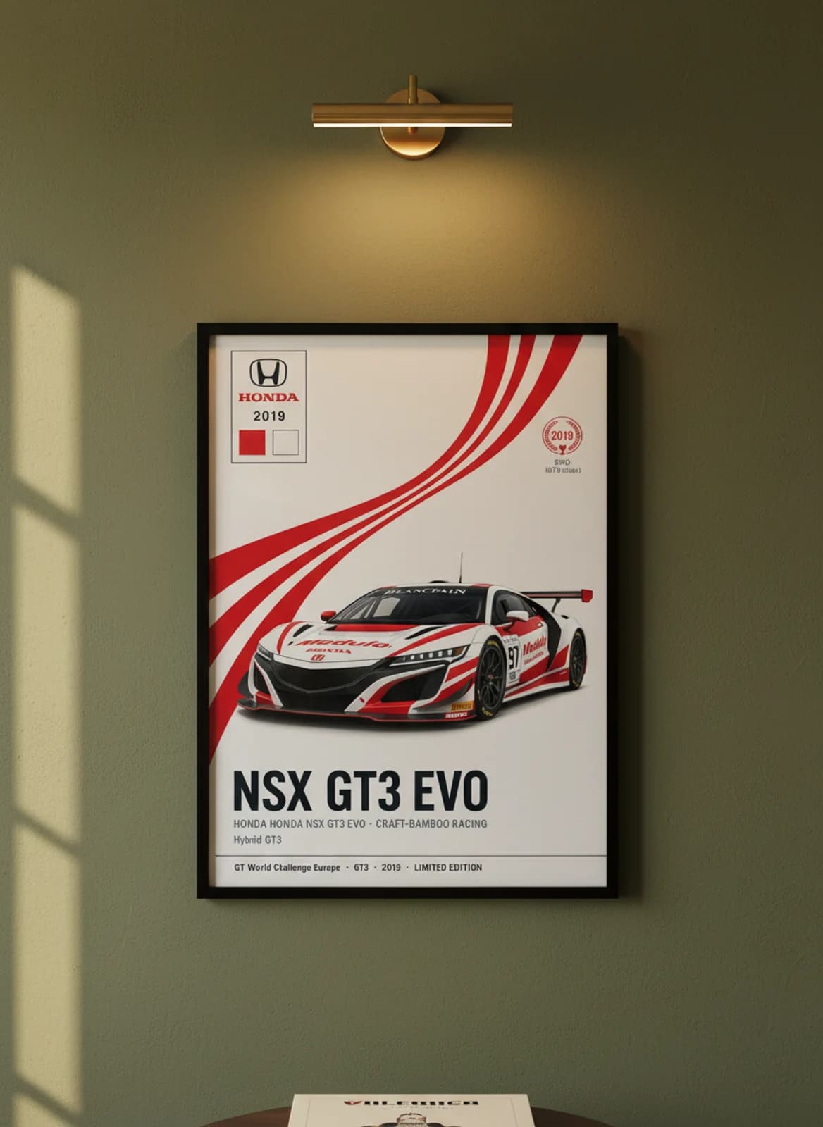NSX GT3 EVO WEC Masters endurance print in black A2 frame on honda-red olive wall — WEC Masters mockup