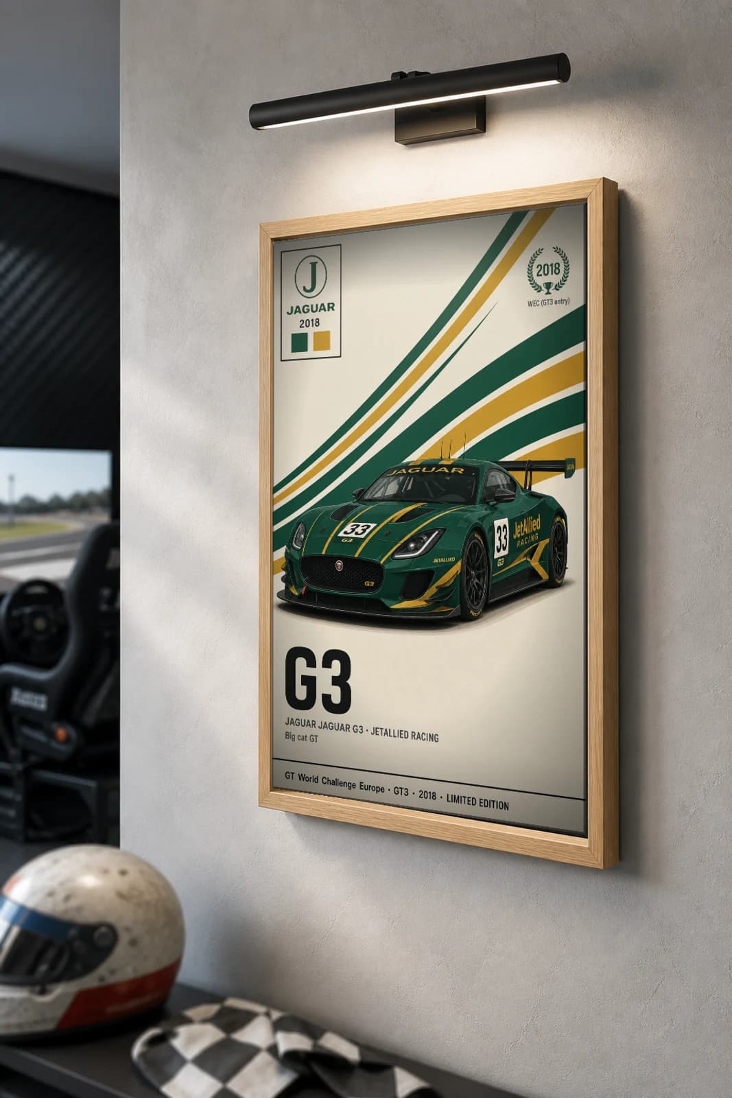 JetAllied Racing G3 Poster — 2018 GT3 WEC racing wall art · #33 · framed A2 — the framed print shown at a three-quarter angle on a styled gallery wall in a natural-oak frame