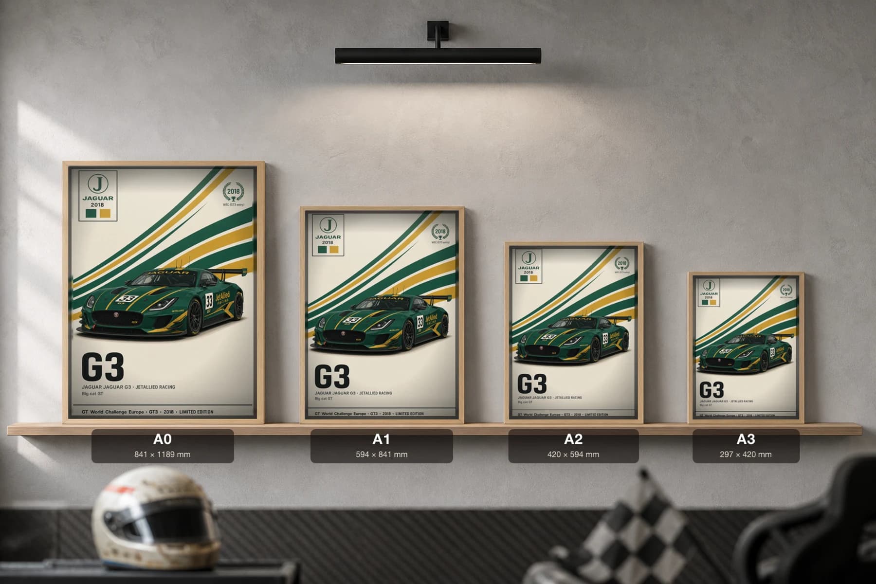 JetAllied Racing G3 Poster — 2018 GT3 WEC racing wall art · #33 · framed A2 — print size guide showing the artwork at A0, A1, A2 and A3 in natural-oak frames at true relative scale