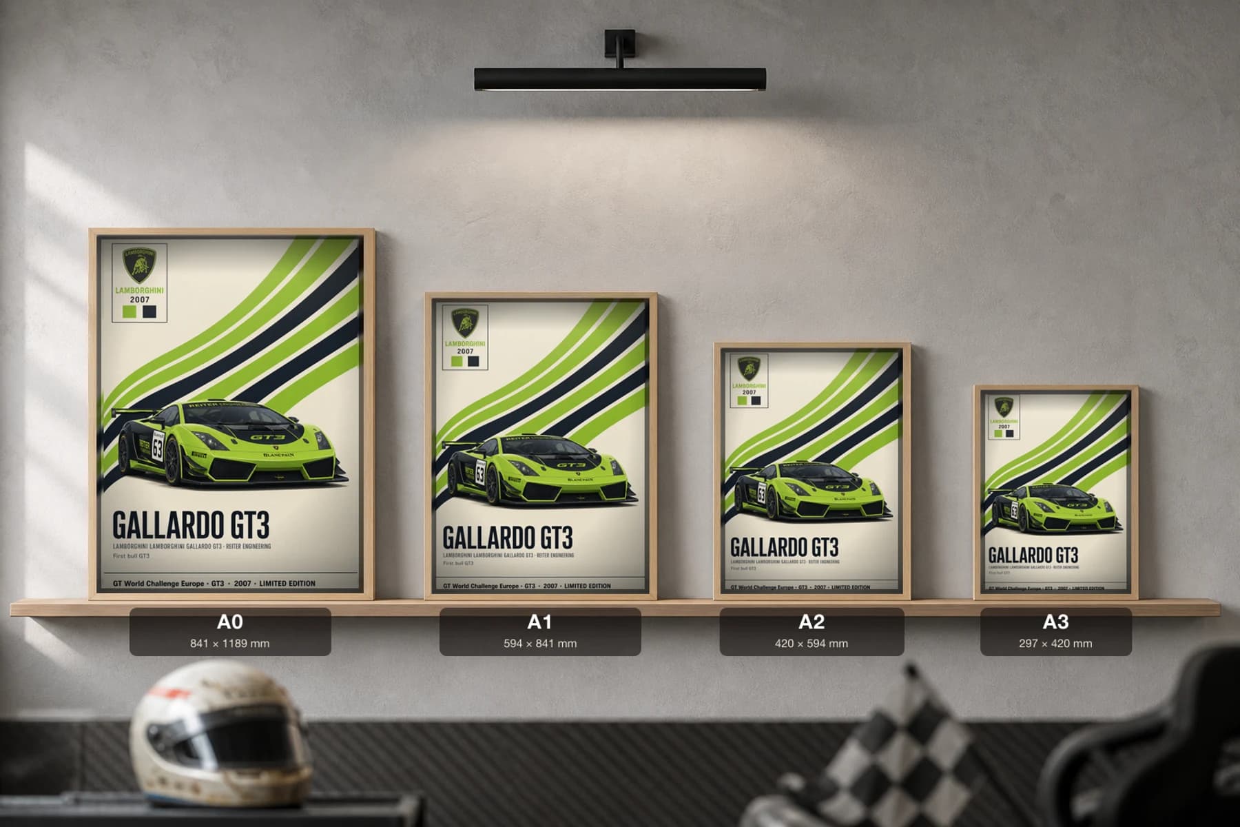 Reiter Engineering Gallardo GT3 Poster — 2007 GT3 WEC racing wall art · #63 · framed A2 — print size guide showing the artwork at A0, A1, A2 and A3 in natural-oak frames at true relative scale