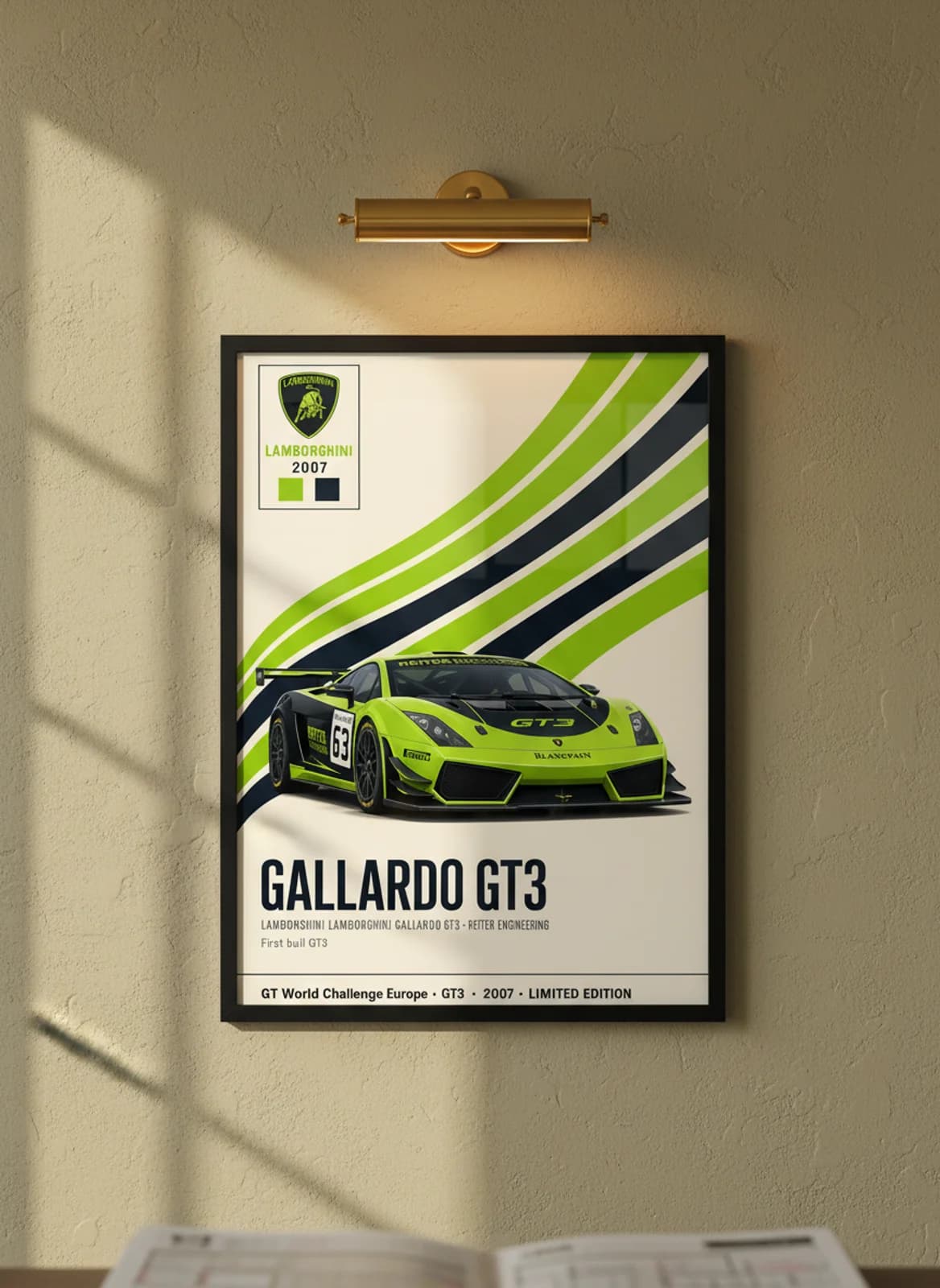 Gallardo GT3 — Reiter #63 WEC Masters endurance print in black A2 frame on lime-yellow olive wall — WEC Masters mockup