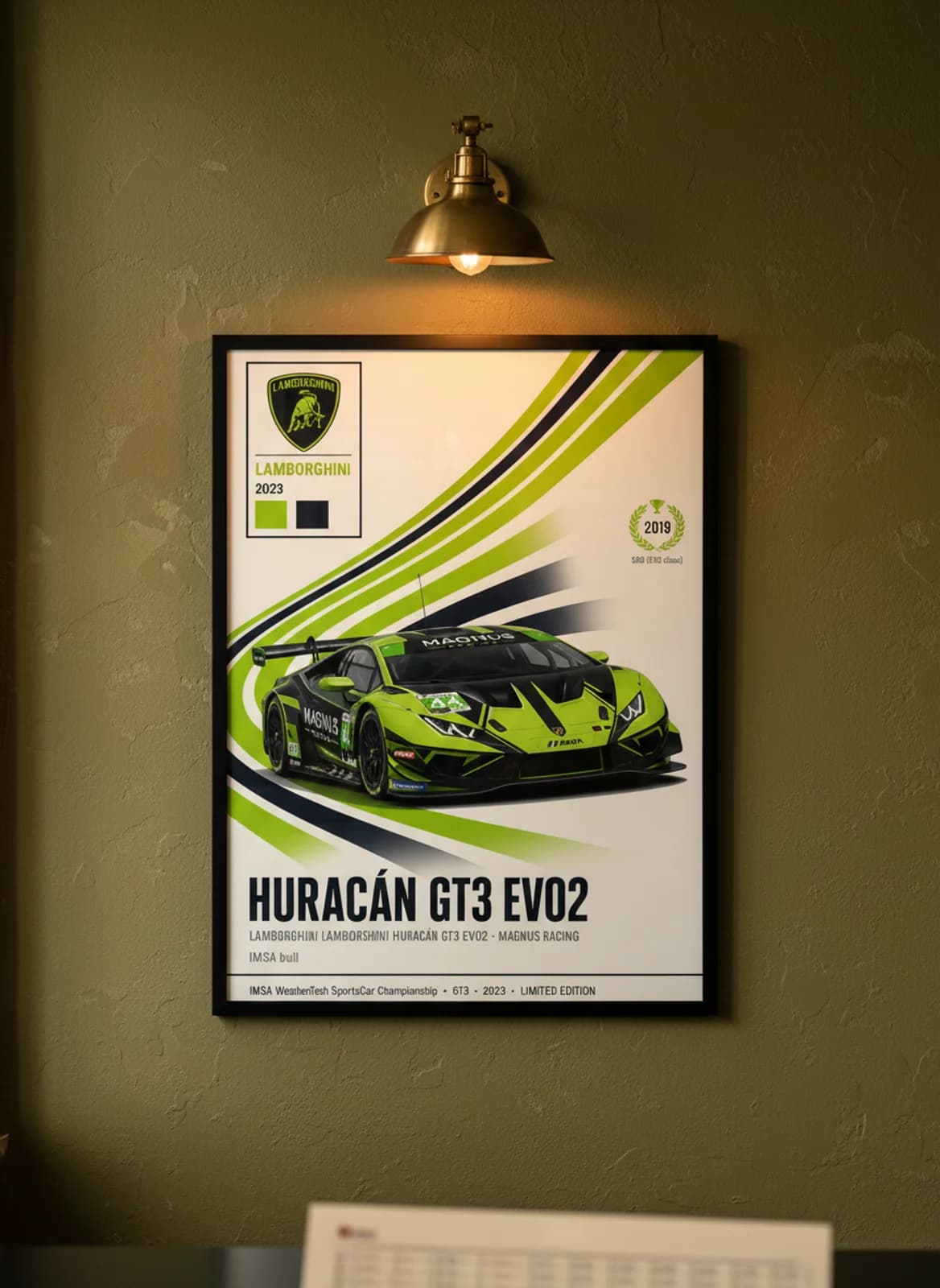 Huracán GT3 Evo2 — Magnus Racing #44 WEC Masters endurance print in black A2 frame on lime_green olive wall — WEC Masters mockup