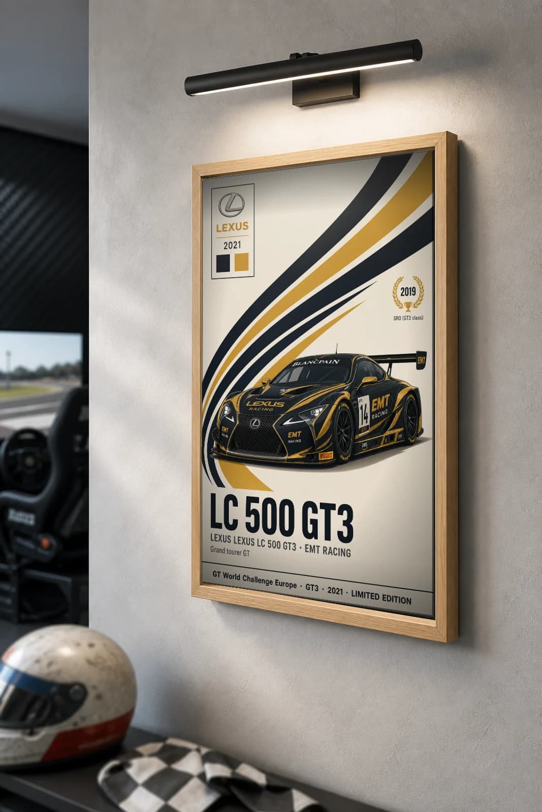 EMT Racing LC 500 GT3 Poster — 2021 GT3 WEC racing wall art · #14 · framed A2 — the framed print shown at a three-quarter angle on a styled gallery wall in a natural-oak frame
