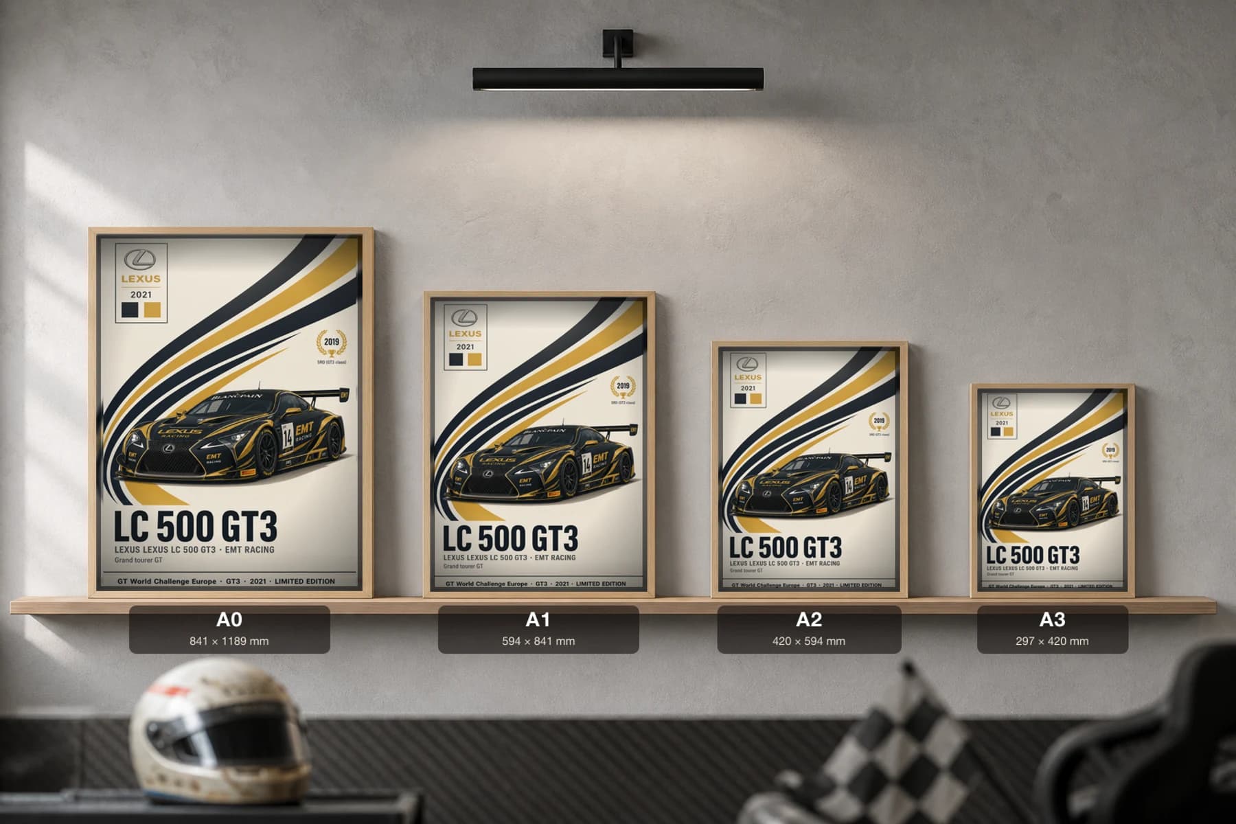 EMT Racing LC 500 GT3 Poster — 2021 GT3 WEC racing wall art · #14 · framed A2 — print size guide showing the artwork at A0, A1, A2 and A3 in natural-oak frames at true relative scale