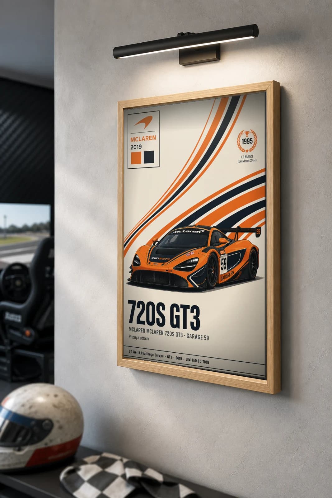 Garage 59 720S GT3 Poster — 2019 GT3 WEC racing wall art · #59 · framed A2 — the framed print shown at a three-quarter angle on a styled gallery wall in a natural-oak frame