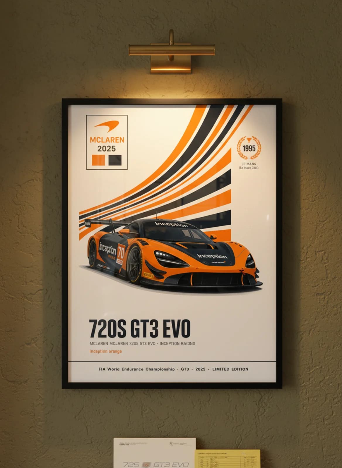720S GT3 EVO WEC Masters endurance print in black A2 frame on inception-orange olive wall — WEC Masters mockup