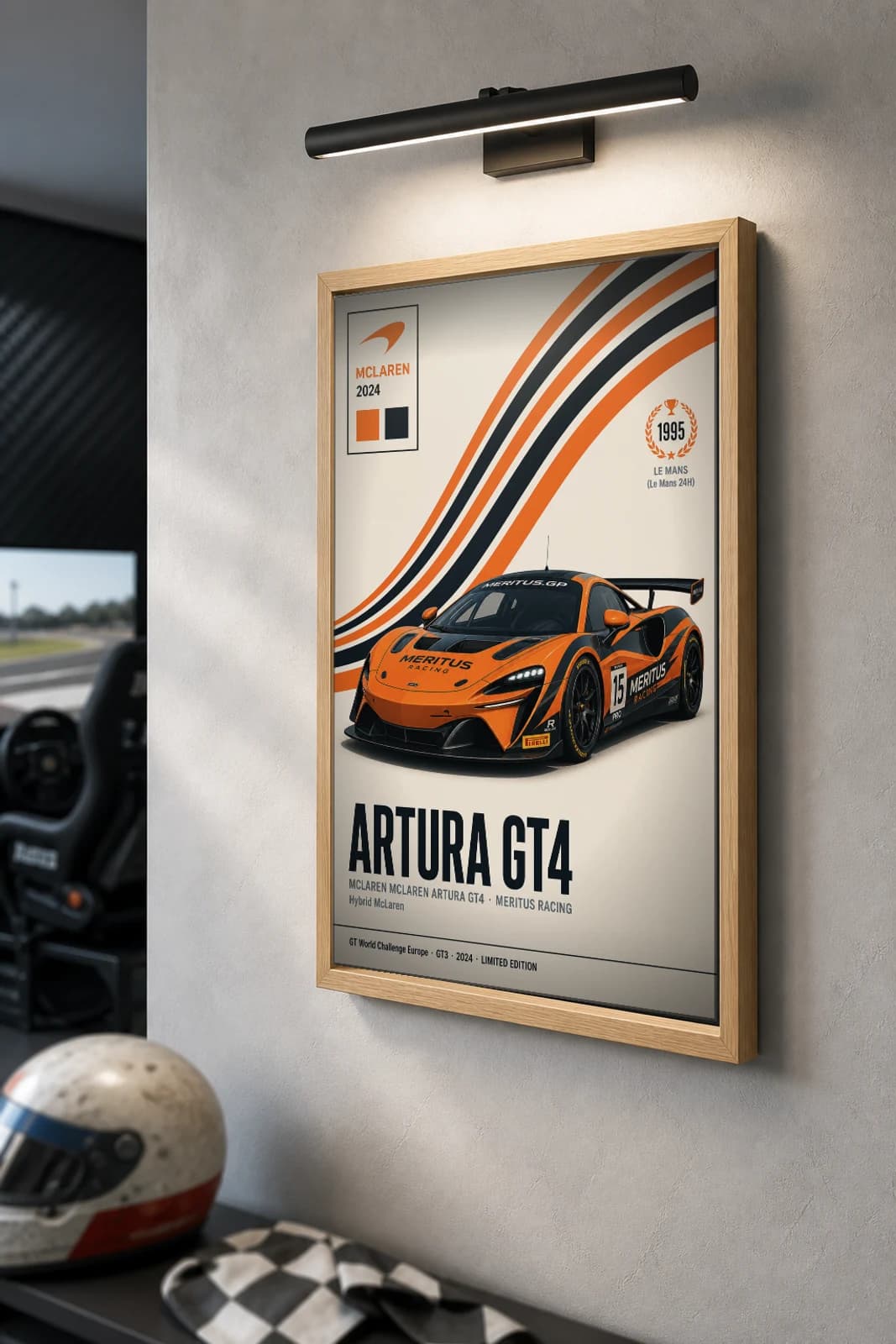 Meritus Racing Artura GT4 Poster — 2024 GT4 WEC racing wall art · #15 · framed A2 — the framed print shown at a three-quarter angle on a styled gallery wall in a natural-oak frame