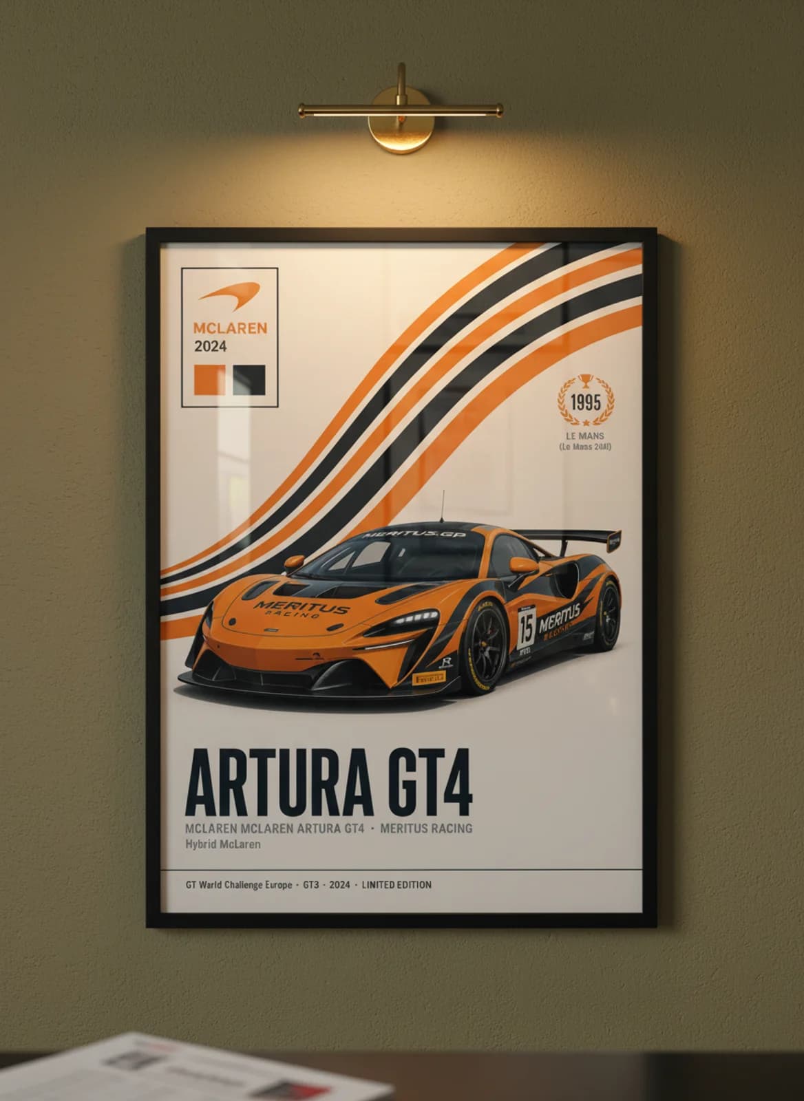 Artura GT4 WEC Masters endurance print in black A2 frame on papaya-orange olive wall — WEC Masters mockup