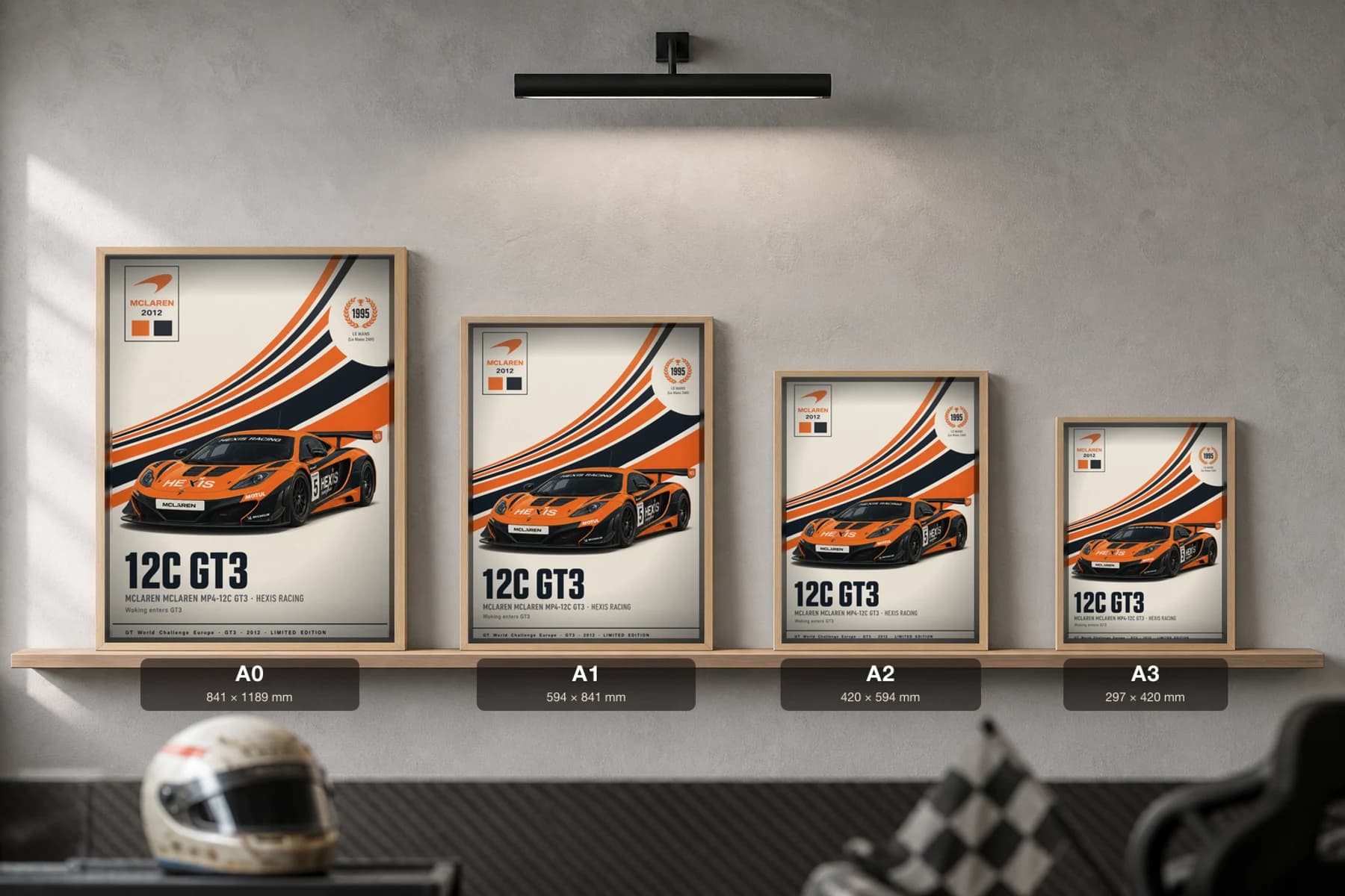 Hexis Racing MP4-12C GT3 Poster — 2012 GT3 WEC racing wall art · #5 · framed A2 — print size guide showing the artwork at A0, A1, A2 and A3 in natural-oak frames at true relative scale
