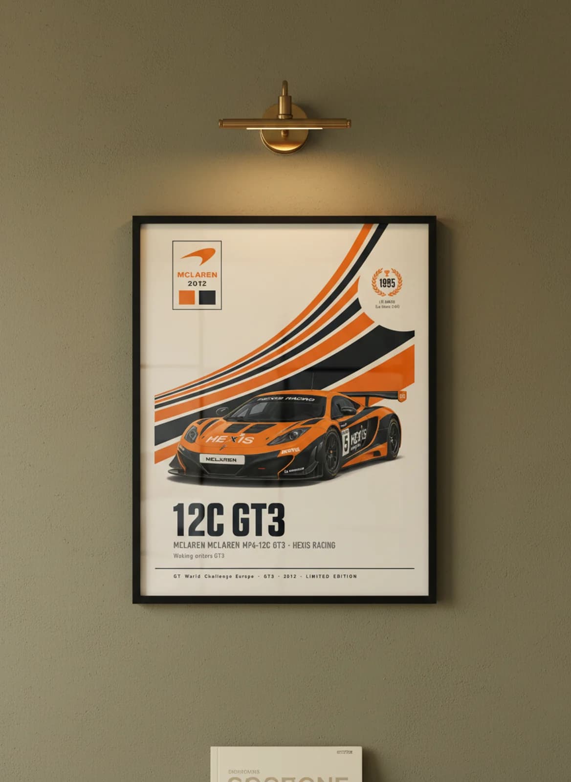 12C GT3 — Hexis #5 WEC Masters endurance print in black A2 frame on mclaren-orange olive wall — WEC Masters mockup
