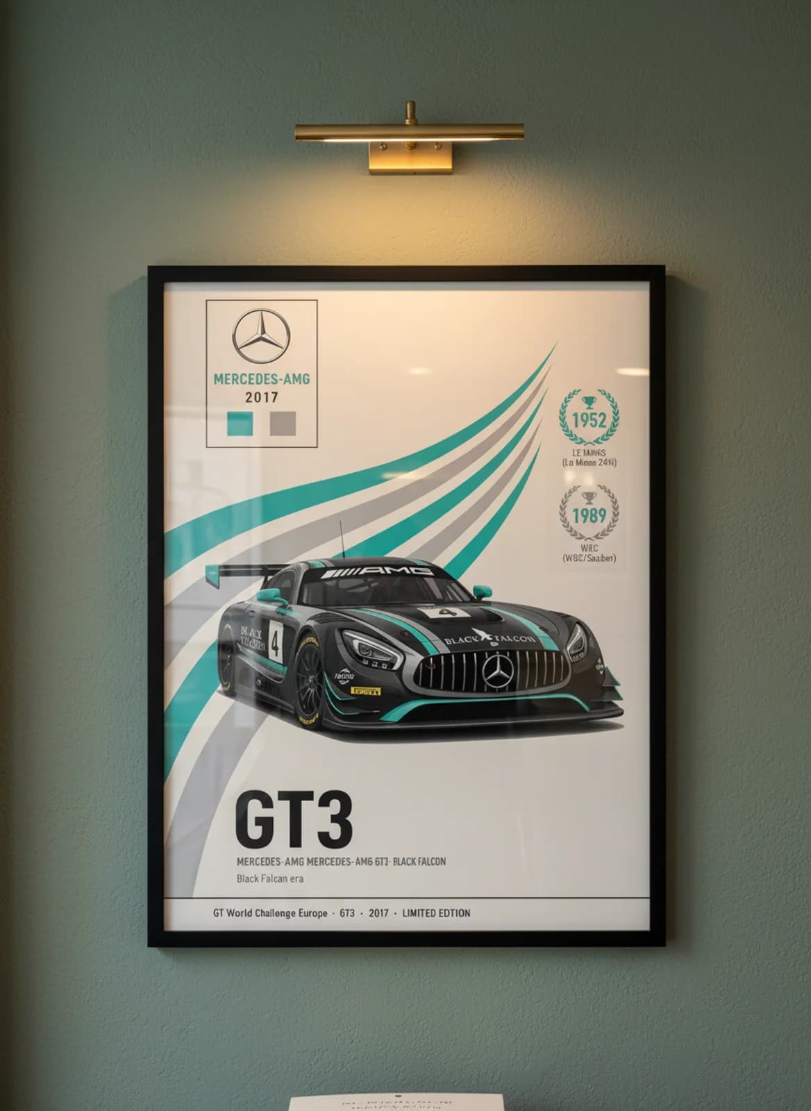 Mercedes-AMG GT3 — Black Falcon #4 WEC Masters endurance print in black A2 frame on matte-black olive wall — WEC Masters mockup