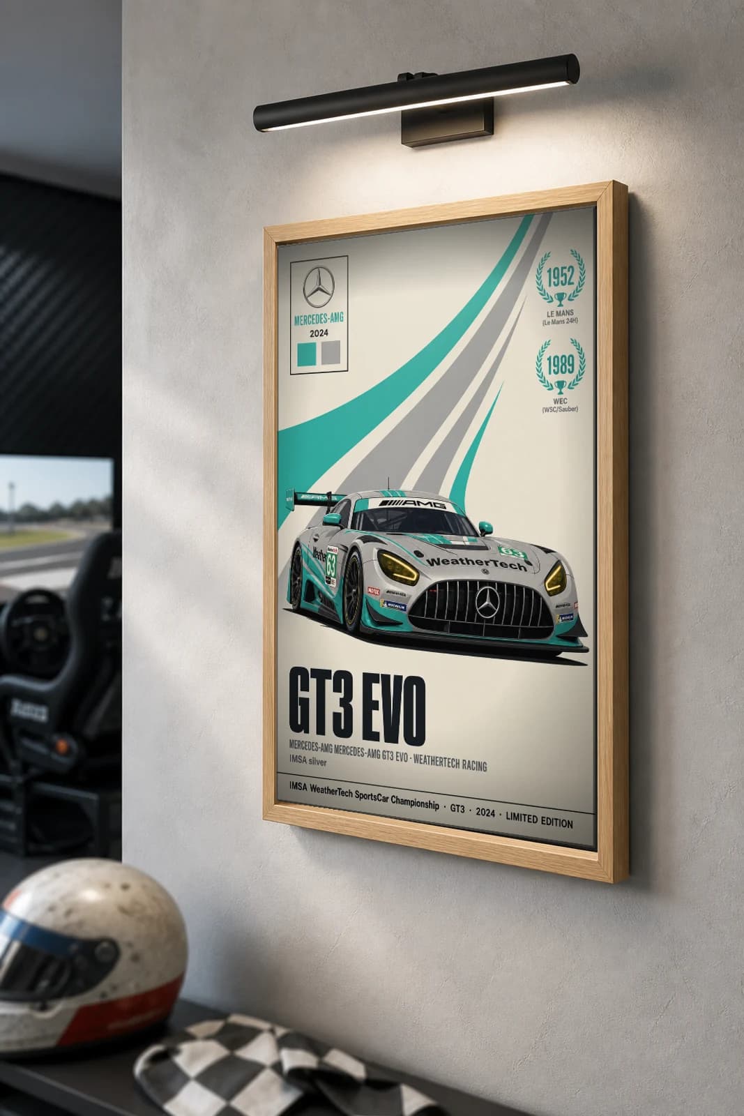 WeatherTech Racing Mercedes-AMG GT3 Evo Poster — 2024 GTD WEC racing wall art · #63 · framed A2 — the framed print shown at a three-quarter angle on a styled gallery wall in a natural-oak frame