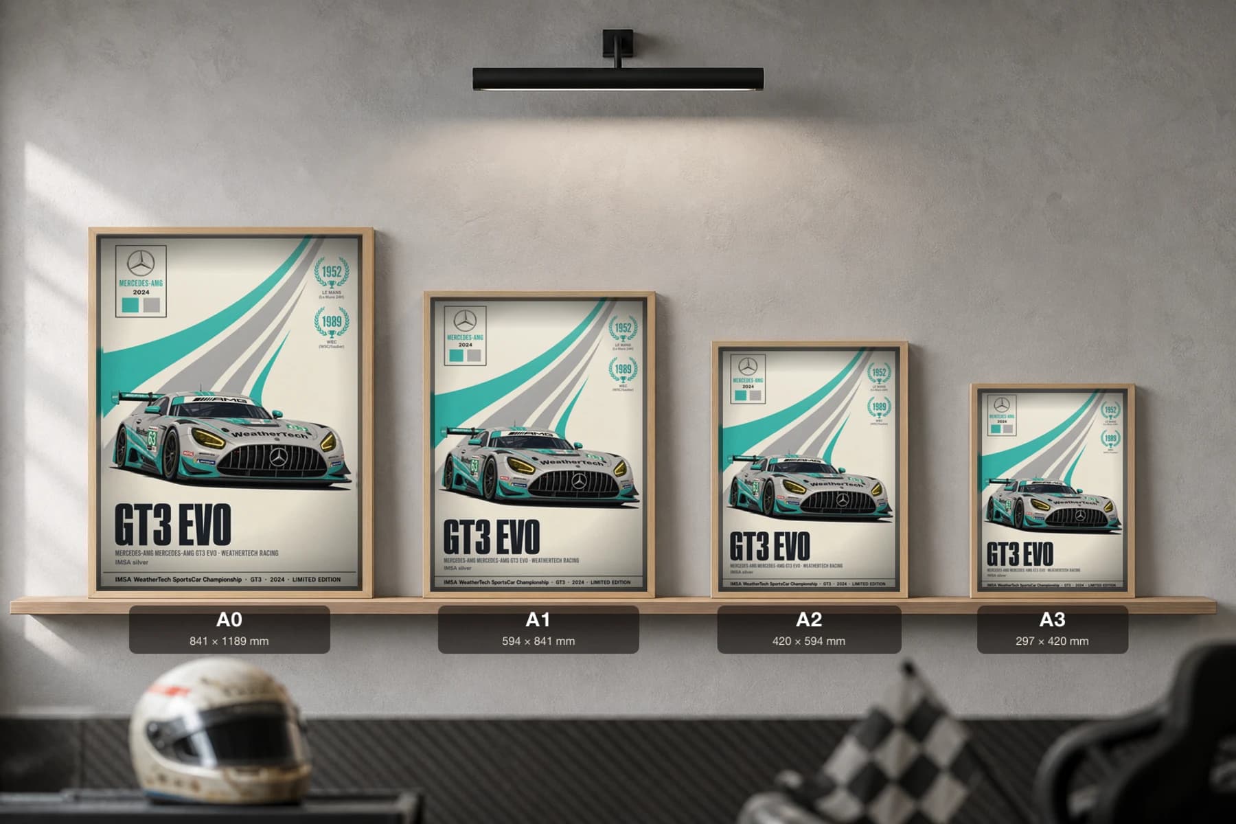 WeatherTech Racing Mercedes-AMG GT3 Evo Poster — 2024 GTD WEC racing wall art · #63 · framed A2 — print size guide showing the artwork at A0, A1, A2 and A3 in natural-oak frames at true relative scale