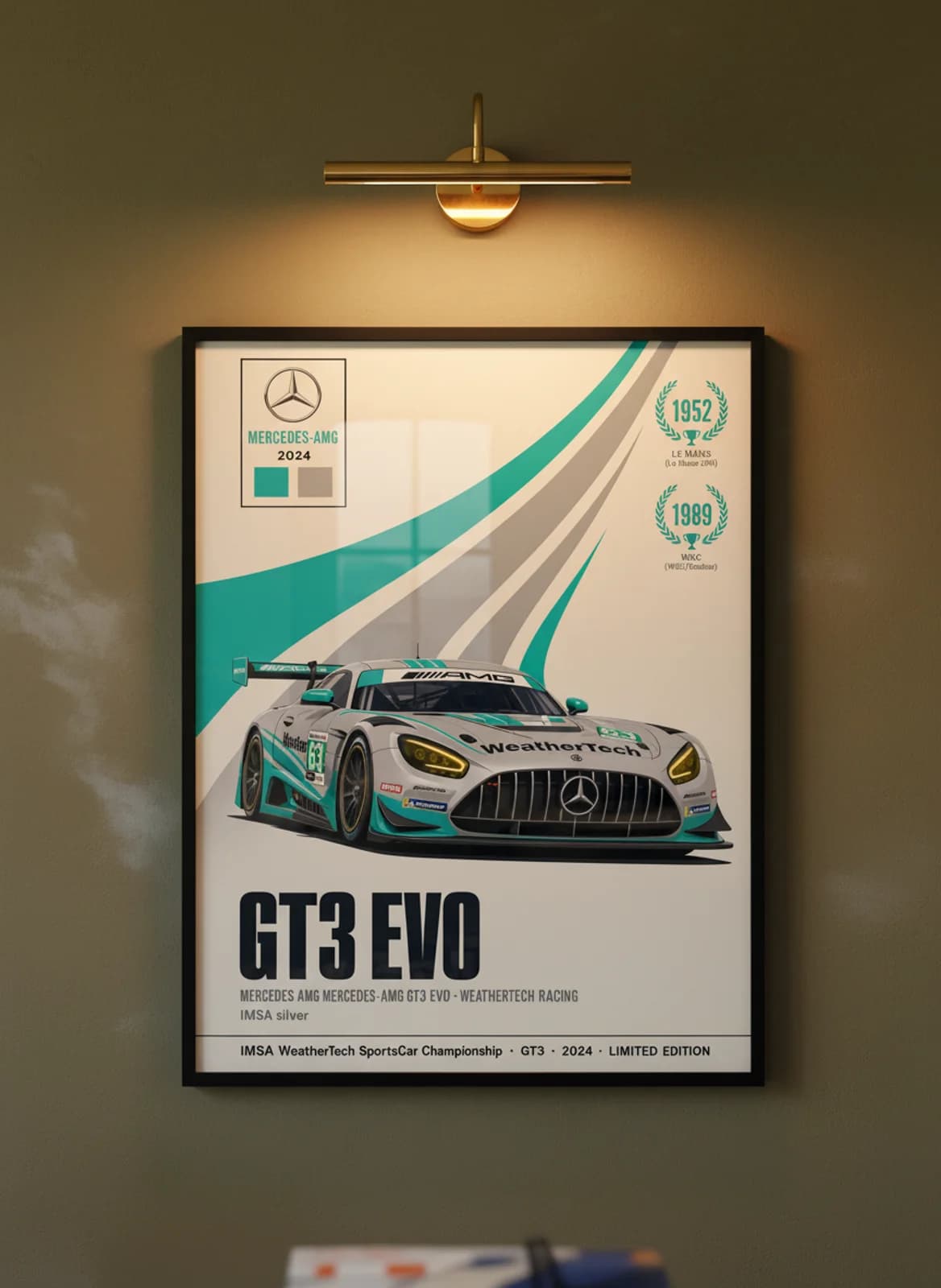 Mercedes-AMG GT3 Evo — WeatherTech #63 WEC Masters endurance print in black A2 frame on silver olive wall — WEC Masters mockup