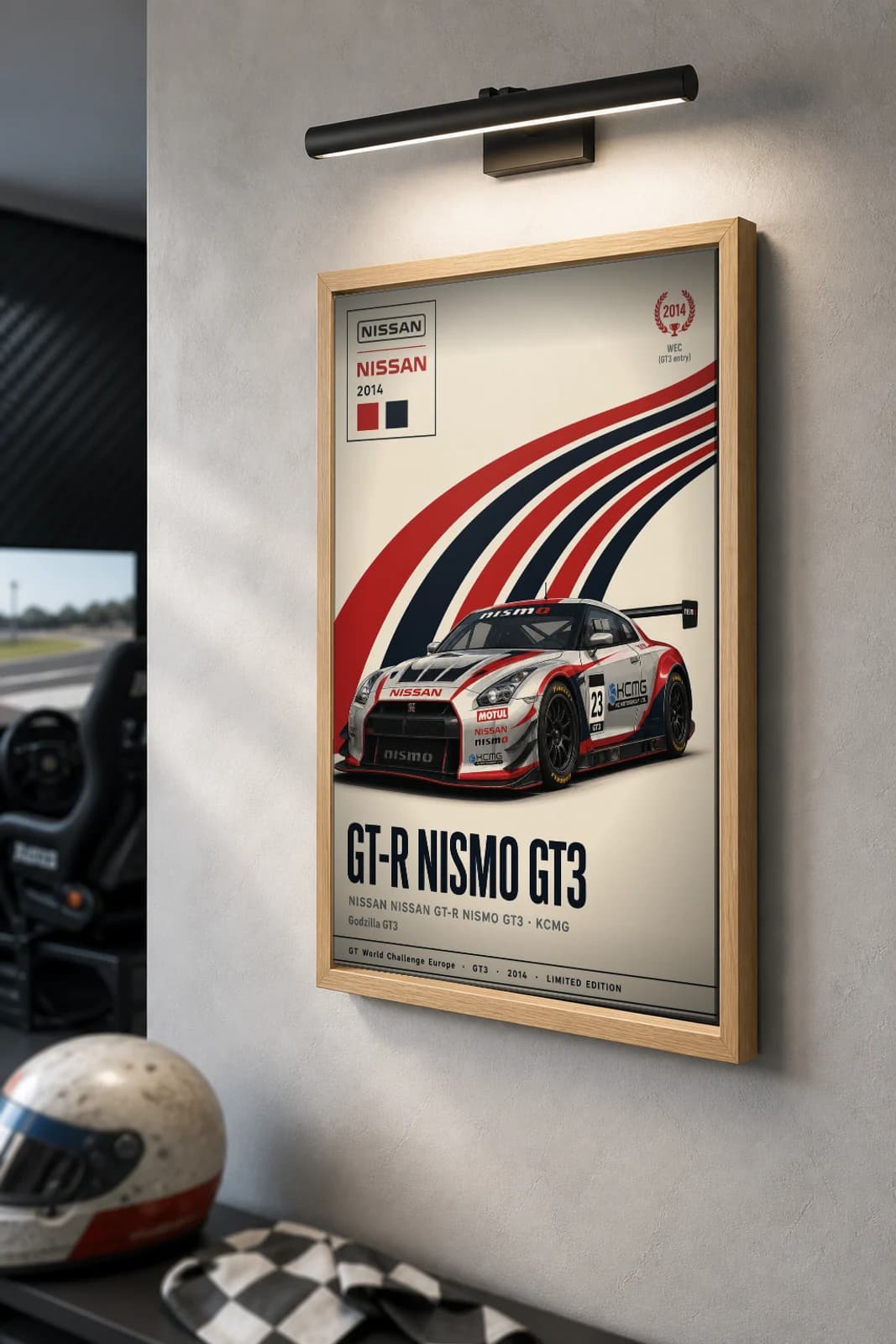 KCMG GT-R NISMO GT3 Poster — 2014 GT3 WEC racing wall art · #23 · framed A2 — the framed print shown at a three-quarter angle on a styled gallery wall in a natural-oak frame