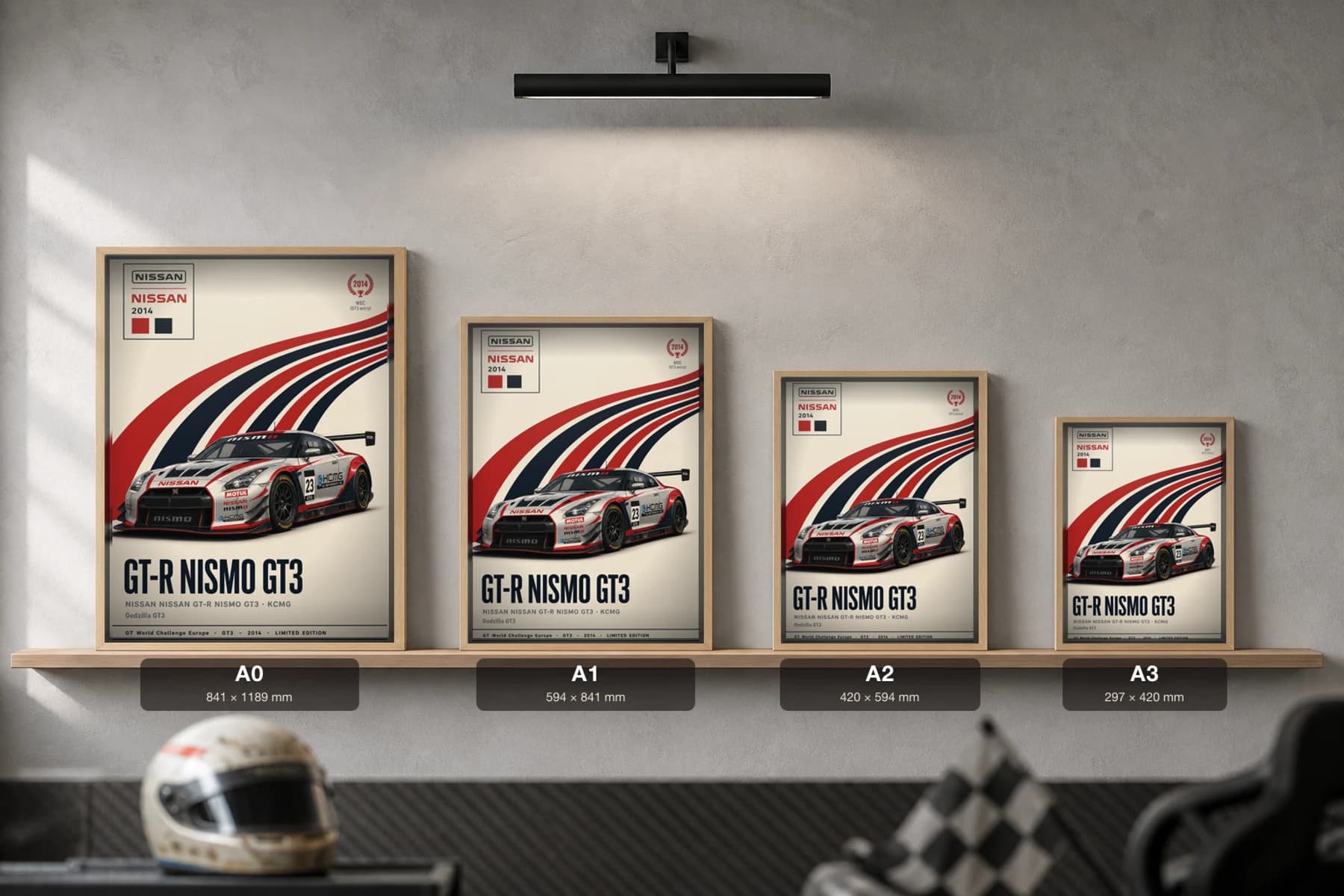 KCMG GT-R NISMO GT3 Poster — 2014 GT3 WEC racing wall art · #23 · framed A2 — print size guide showing the artwork at A0, A1, A2 and A3 in natural-oak frames at true relative scale