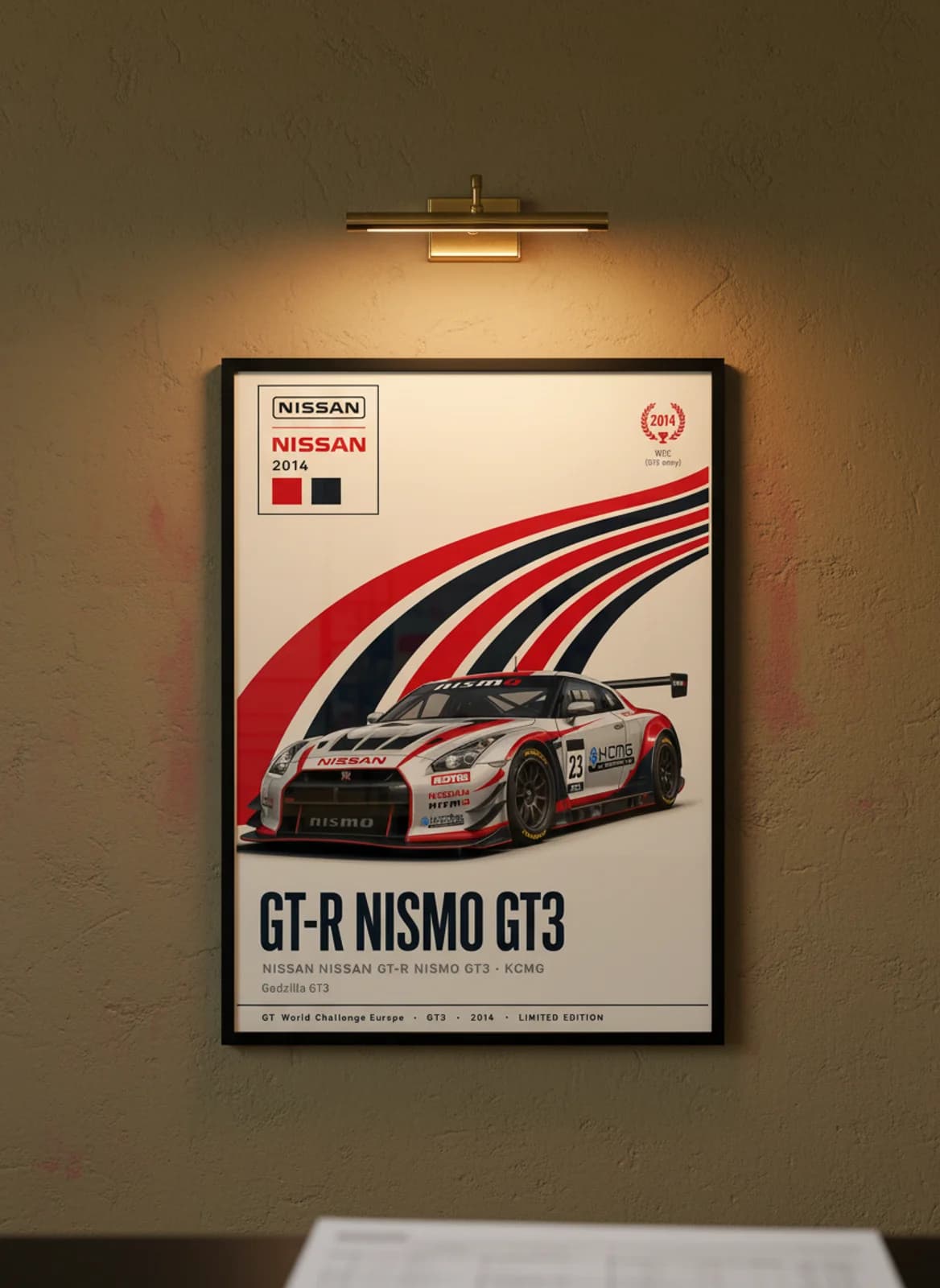 GT-R NISMO GT3 — KCMG #23 WEC Masters endurance print in black A2 frame on silver-metallic olive wall — WEC Masters mockup