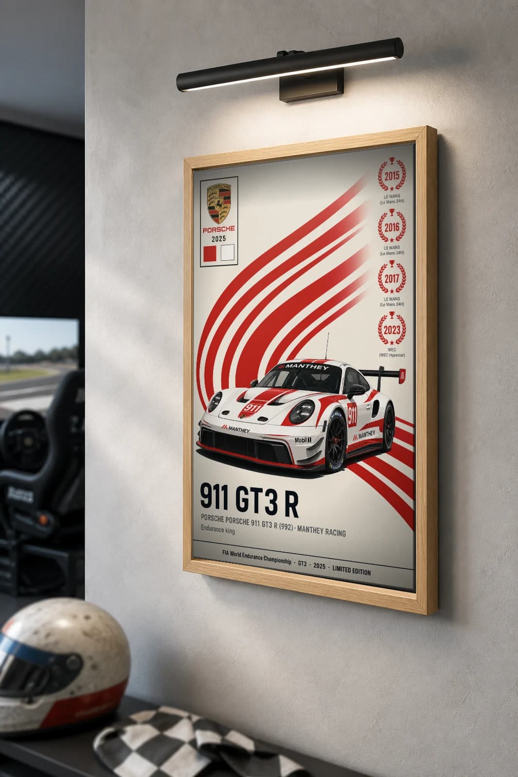 Manthey Racing 911 GT3 R (992) Poster — 2025 LMGT3 WEC racing wall art · #— · framed A2 — the framed print shown at a three-quarter angle on a styled gallery wall in a natural-oak frame
