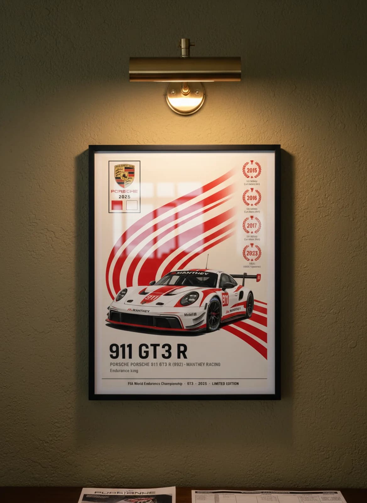911 GT3 R WEC Masters endurance print in black A2 frame on guards-red olive wall — WEC Masters mockup