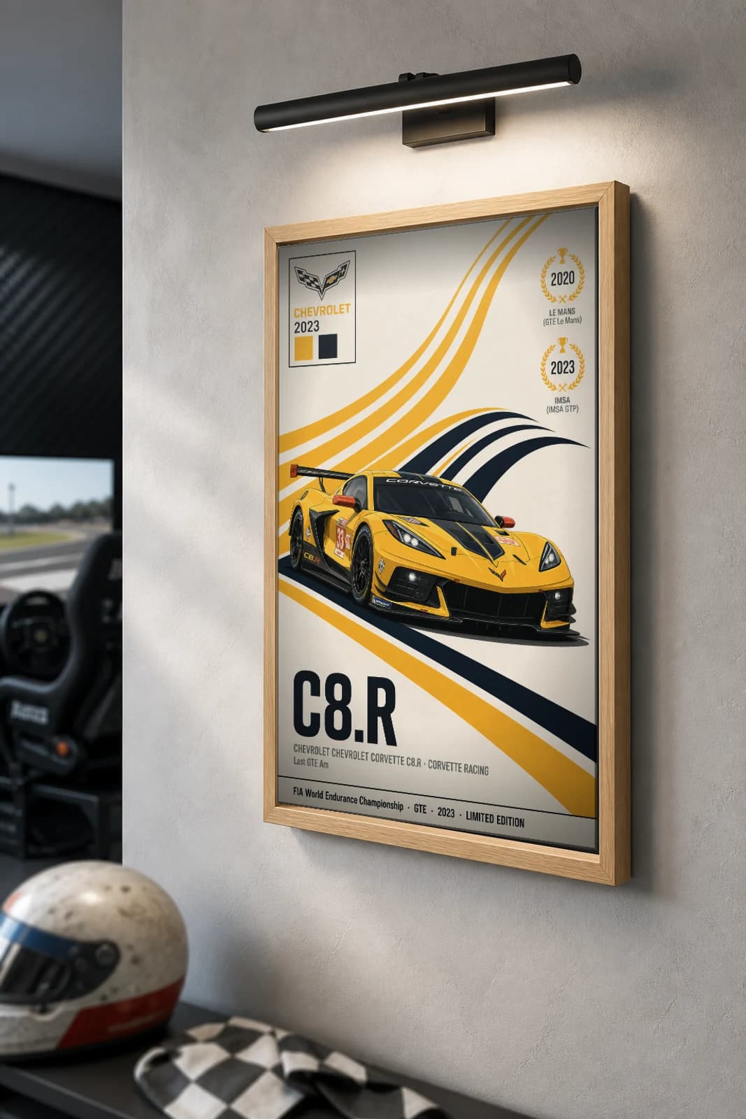 Corvette Racing C8.R Poster — 2023 GTE Am WEC racing wall art · #33 · framed A2 — the framed print shown at a three-quarter angle on a styled gallery wall in a natural-oak frame