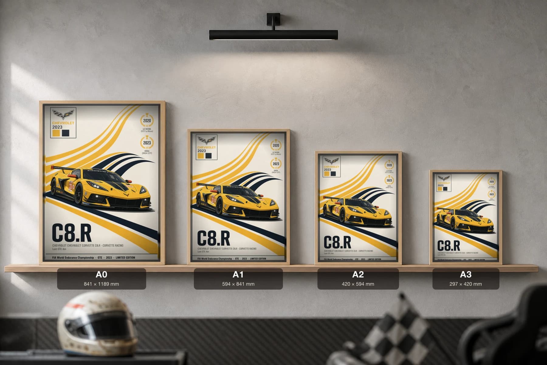 Corvette Racing C8.R Poster — 2023 GTE Am WEC racing wall art · #33 · framed A2 — print size guide showing the artwork at A0, A1, A2 and A3 in natural-oak frames at true relative scale