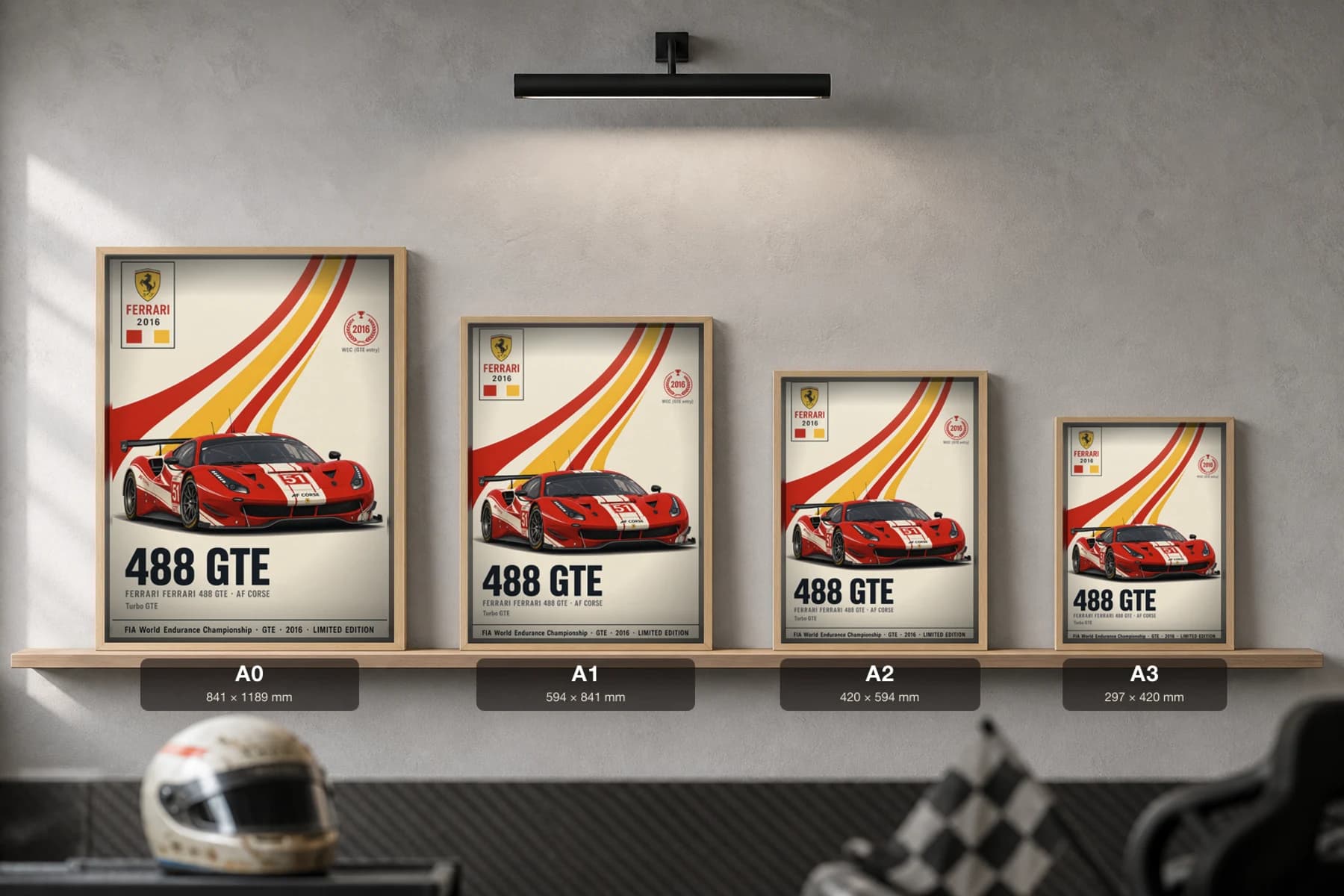 AF Corse 488 GTE Poster — 2016 GTE WEC racing wall art · #51 · framed A2 — print size guide showing the artwork at A0, A1, A2 and A3 in natural-oak frames at true relative scale
