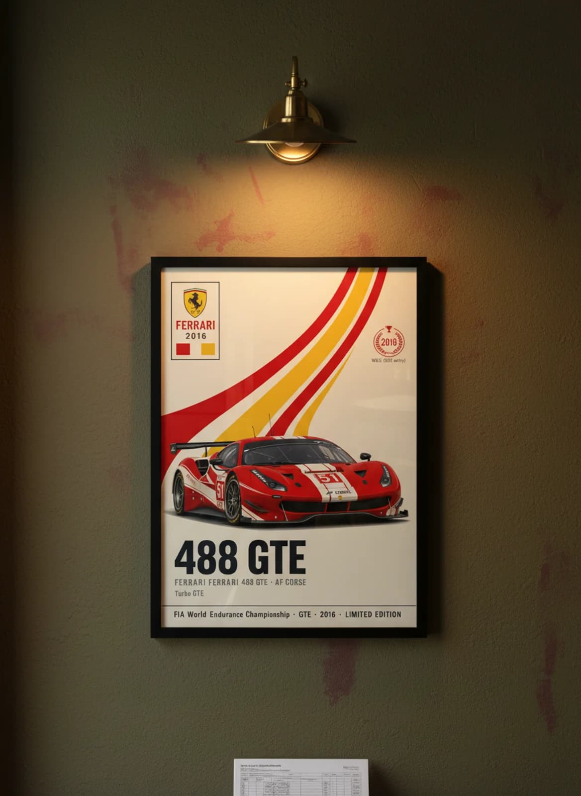 488 GTE — AF Corse #51 WEC Masters endurance print in black A2 frame on rosso-corsa olive wall — WEC Masters mockup