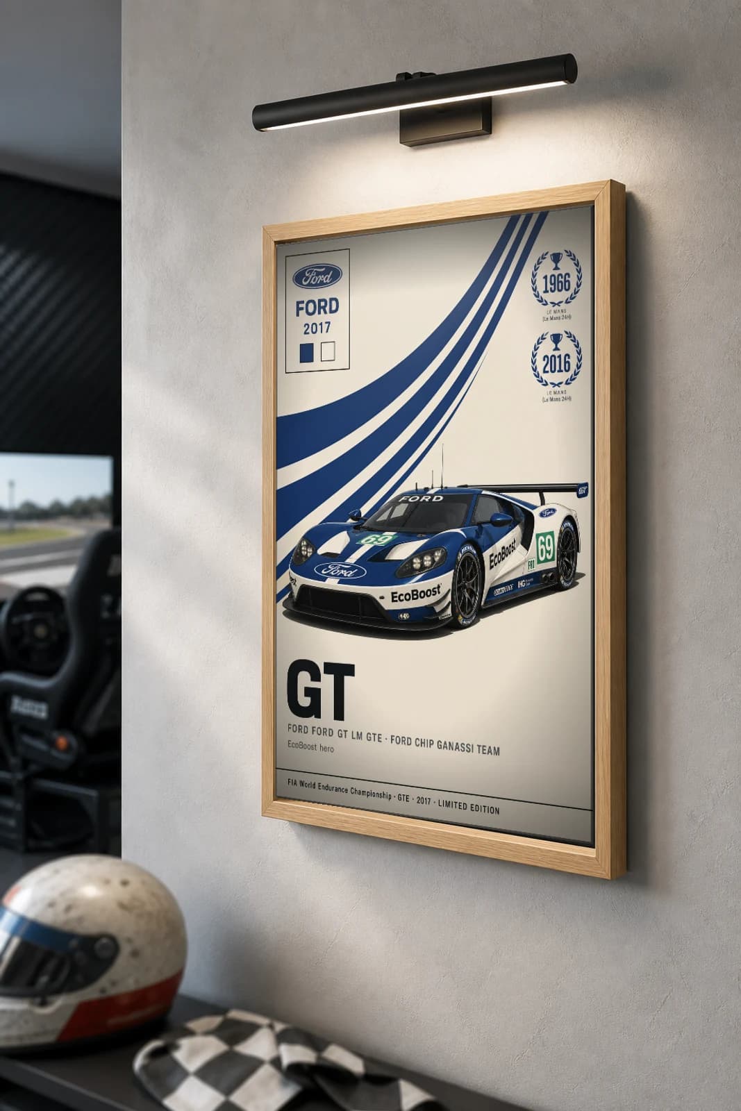 Ford Chip Ganassi Team Ford GT LM GTE Poster — 2017 GTE Pro WEC racing wall art · #69 · framed A2 — the framed print shown at a three-quarter angle on a styled gallery wall in a natural-oak frame