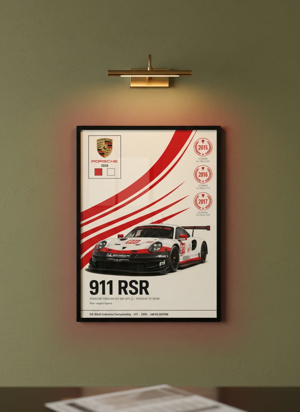 911 RSR — Porsche GT Team #911 WEC Masters endurance print in black A2 frame on racing-red olive wall — WEC Masters mockup