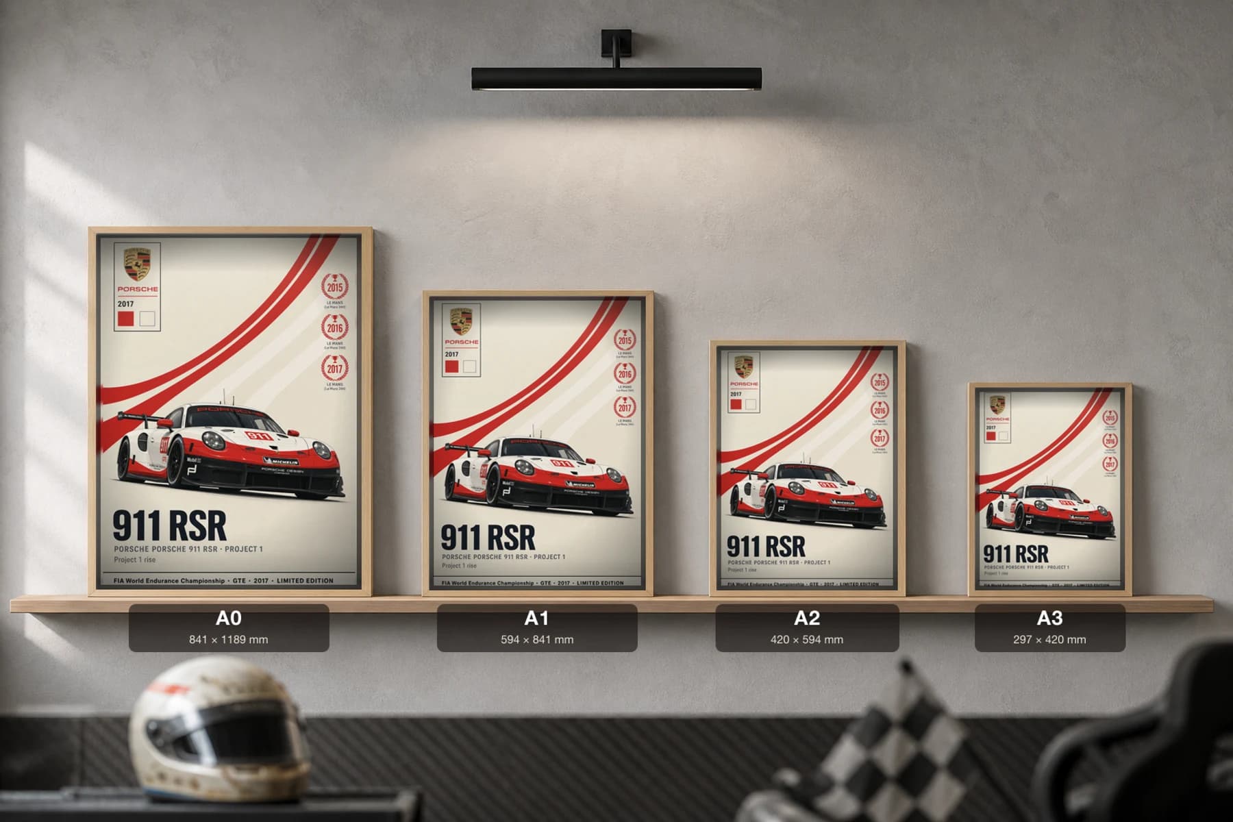 Project 1 991 RSR Poster — 2017 GTE WEC racing wall art · #— · framed A2 — print size guide showing the artwork at A0, A1, A2 and A3 in natural-oak frames at true relative scale