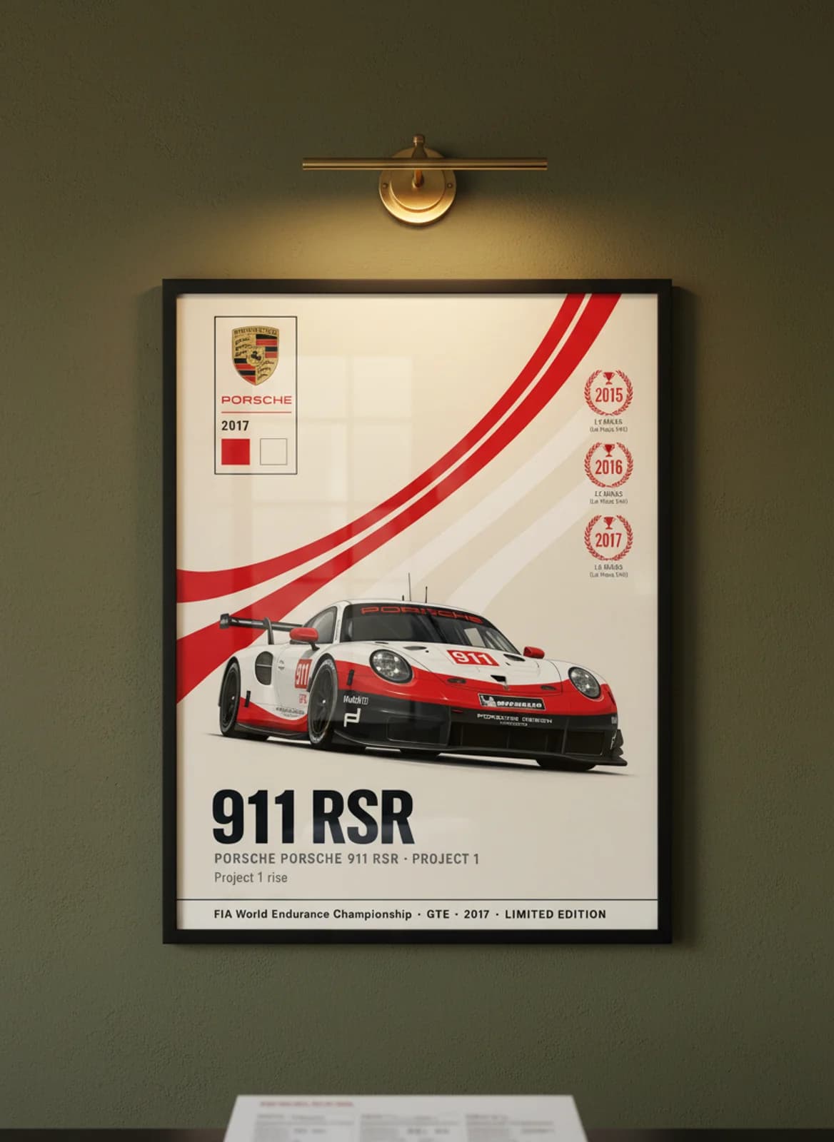 911 RSR — Project 1 WEC Masters endurance print in black A2 frame on racing-red olive wall — WEC Masters mockup