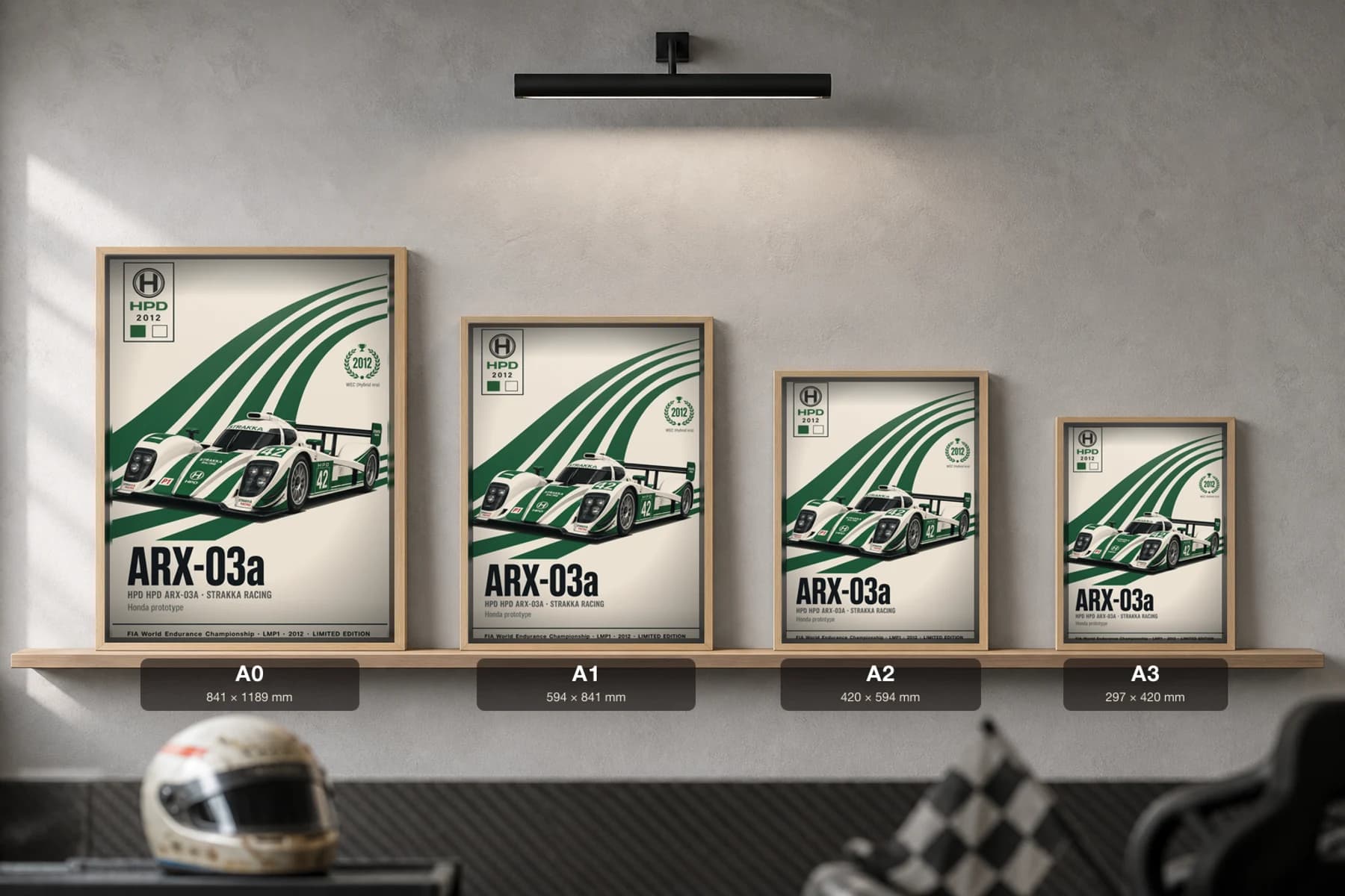 Strakka Racing ARX-03a Poster — 2012 LMP1 WEC racing wall art · #42 · framed A2 — print size guide showing the artwork at A0, A1, A2 and A3 in natural-oak frames at true relative scale