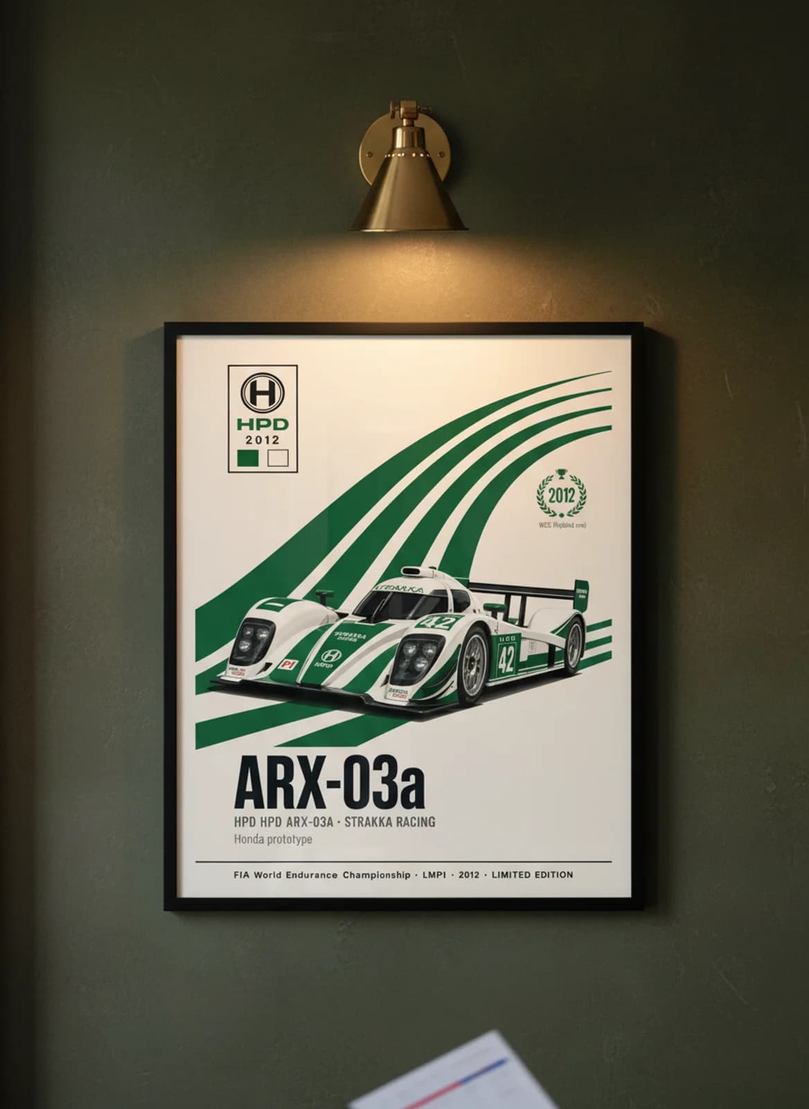 ARX-03a WEC Masters endurance print in black A2 frame on dark-green olive wall — WEC Masters mockup
