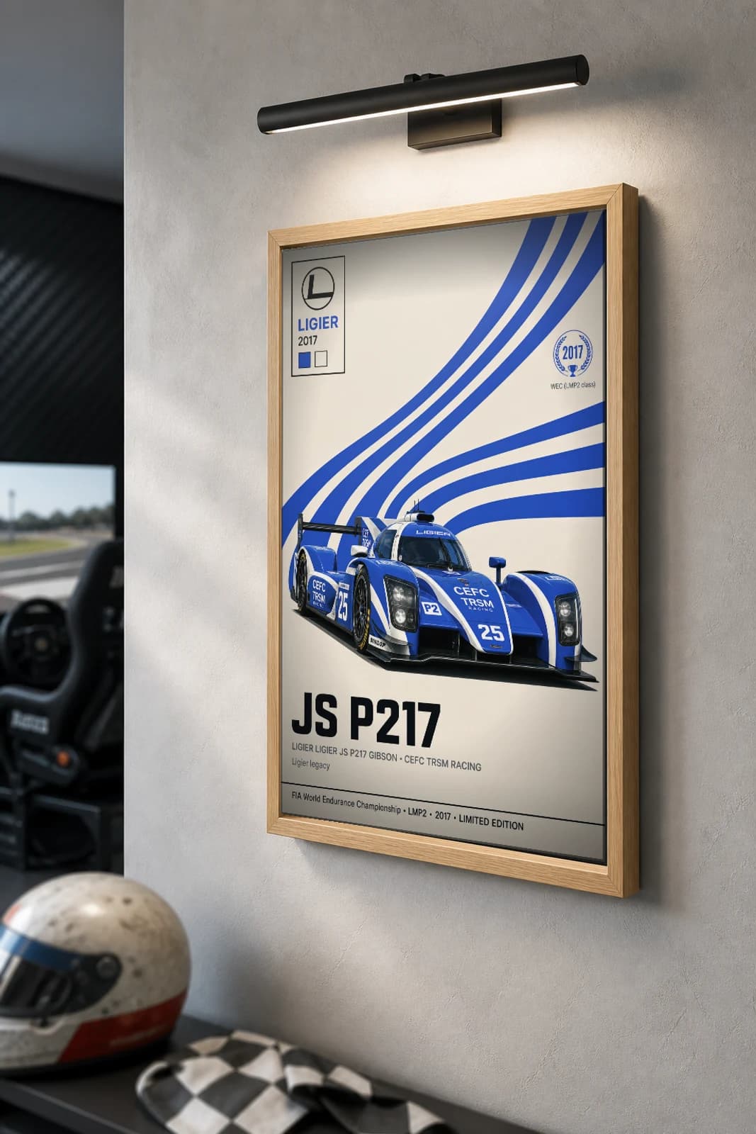 CEFC TRSM Racing JS P217 Poster — 2017 LMP2 WEC racing wall art · #25 · framed A2 — the framed print shown at a three-quarter angle on a styled gallery wall in a natural-oak frame