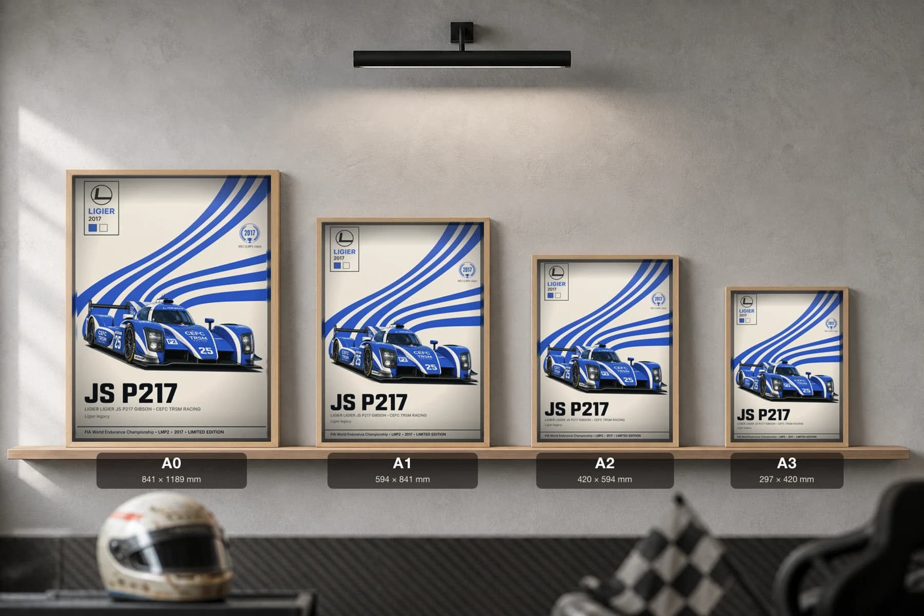 CEFC TRSM Racing JS P217 Poster — 2017 LMP2 WEC racing wall art · #25 · framed A2 — print size guide showing the artwork at A0, A1, A2 and A3 in natural-oak frames at true relative scale