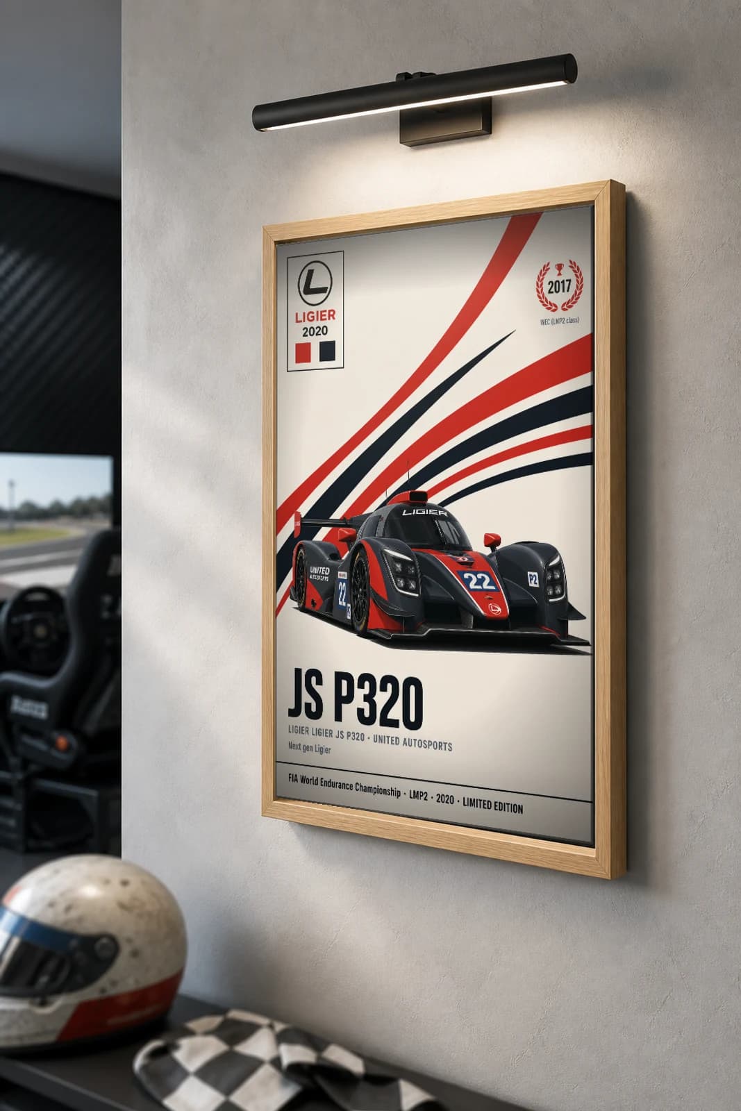 United Autosports JS P320 Poster — 2020 LMP2 WEC racing wall art · #22 · framed A2 — the framed print shown at a three-quarter angle on a styled gallery wall in a natural-oak frame